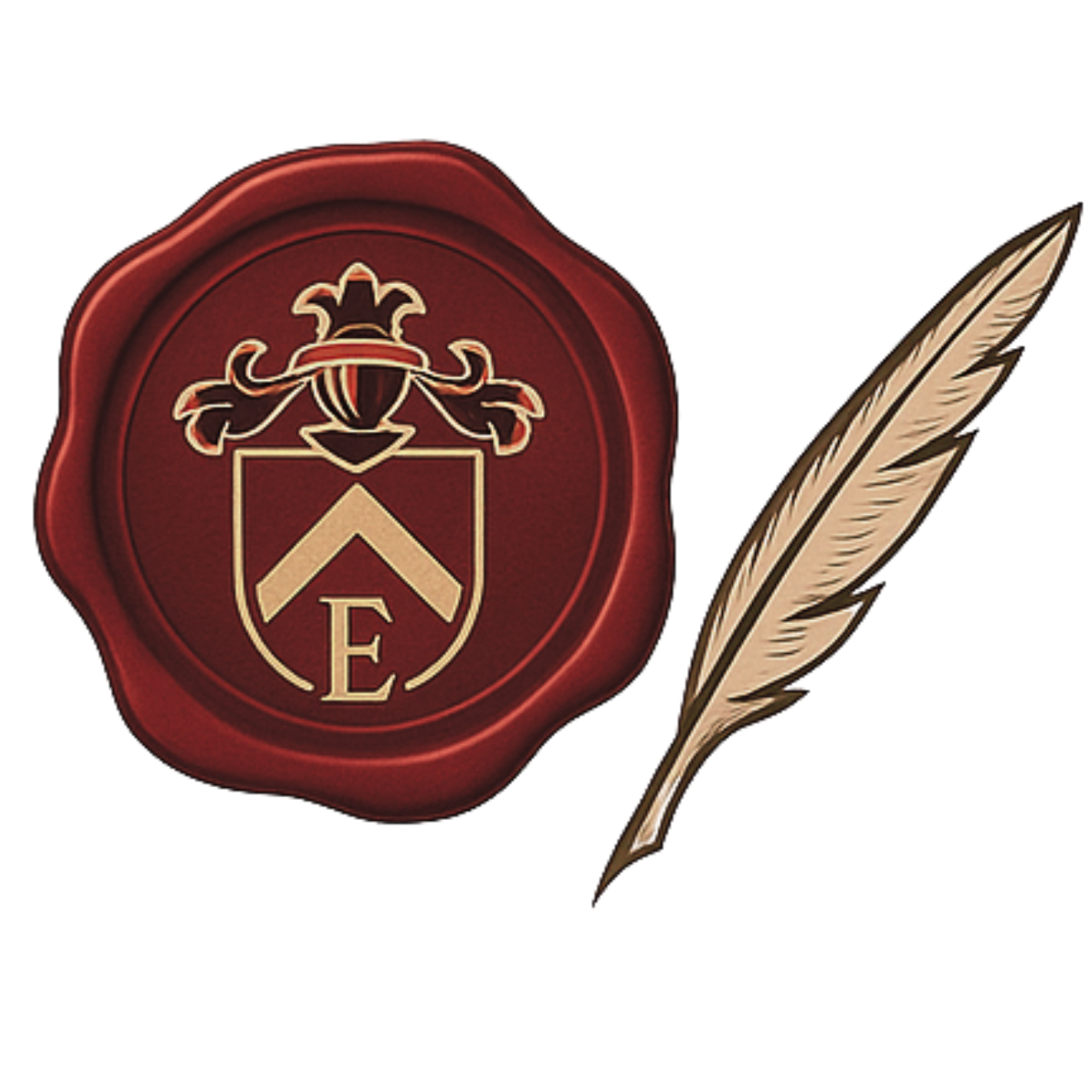 A red wax seal with a black and gold crest featuring a shield, a decorative stem on top, and the letter E below. Next to the seal is a beige and brown quill feather.