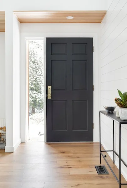 Front door inside home, black paneled door with handle, white wall paneling, wood floor, small table with plants and bowl, ceiling light, and view of snowy outdoors.