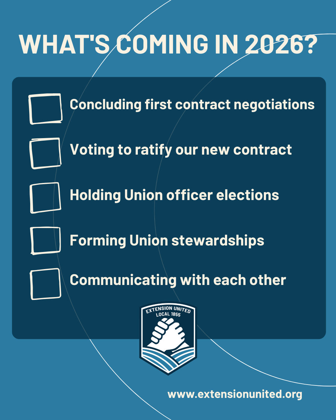 What’s Coming in 2026? Concluding first contract negotiations; Voting to ratify our new contract; Holding Union officer elections; Forming Union stewardships; Communicating with each other