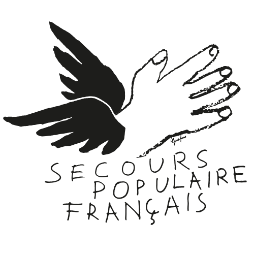 Logo avec une main et une aile, texte 'Secours Populaire Français'