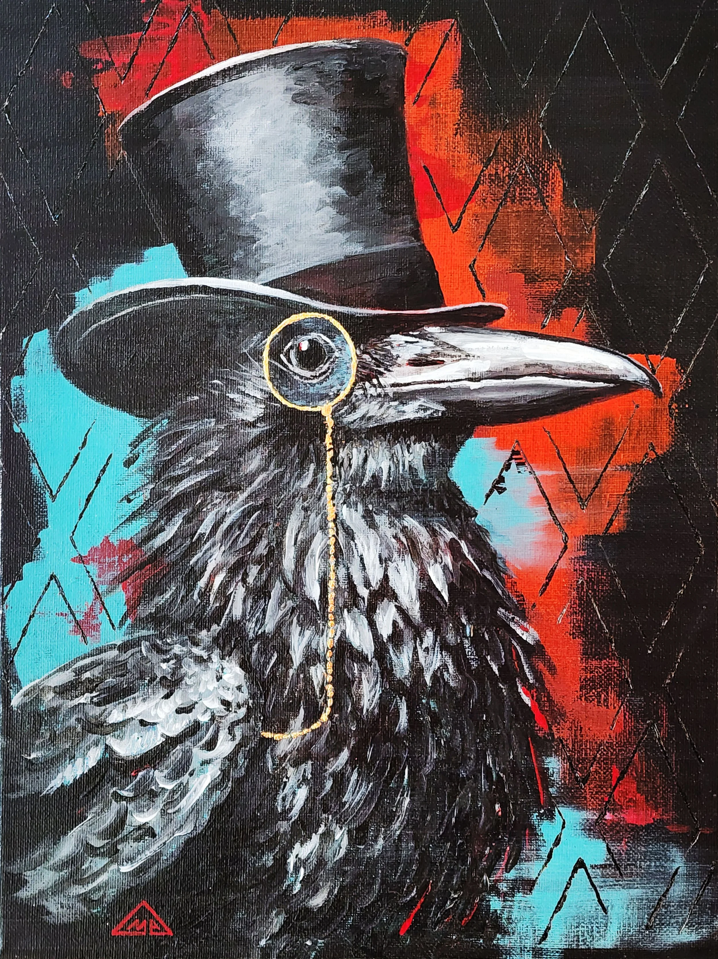 Raven in a top hat with a monocle 16"x20" Acrylic and Gold Leaf on canvas