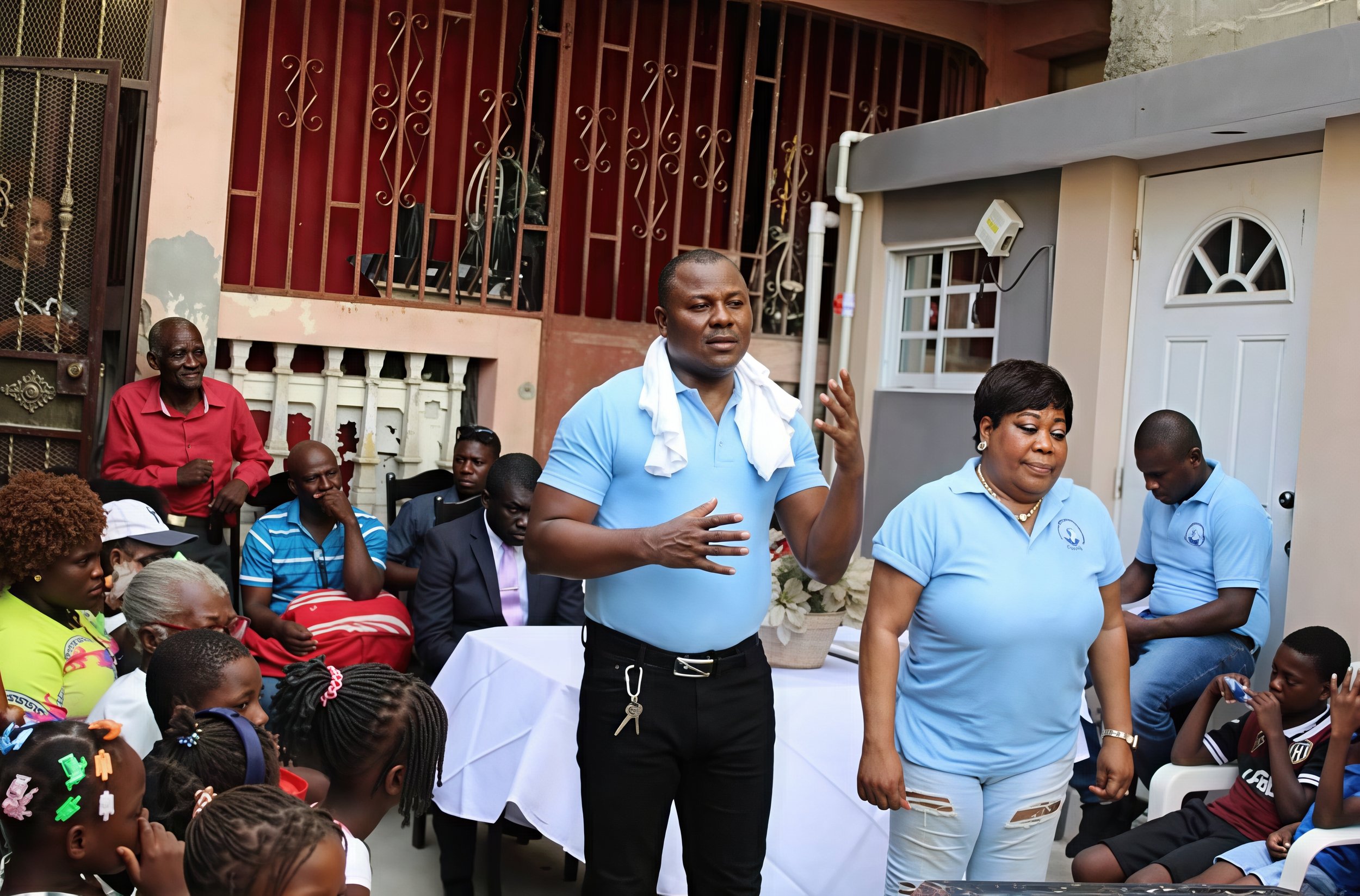 A group of people gathered outdoors, with a man and woman in light blue shirts standing and speaking to children and adults seated around them.