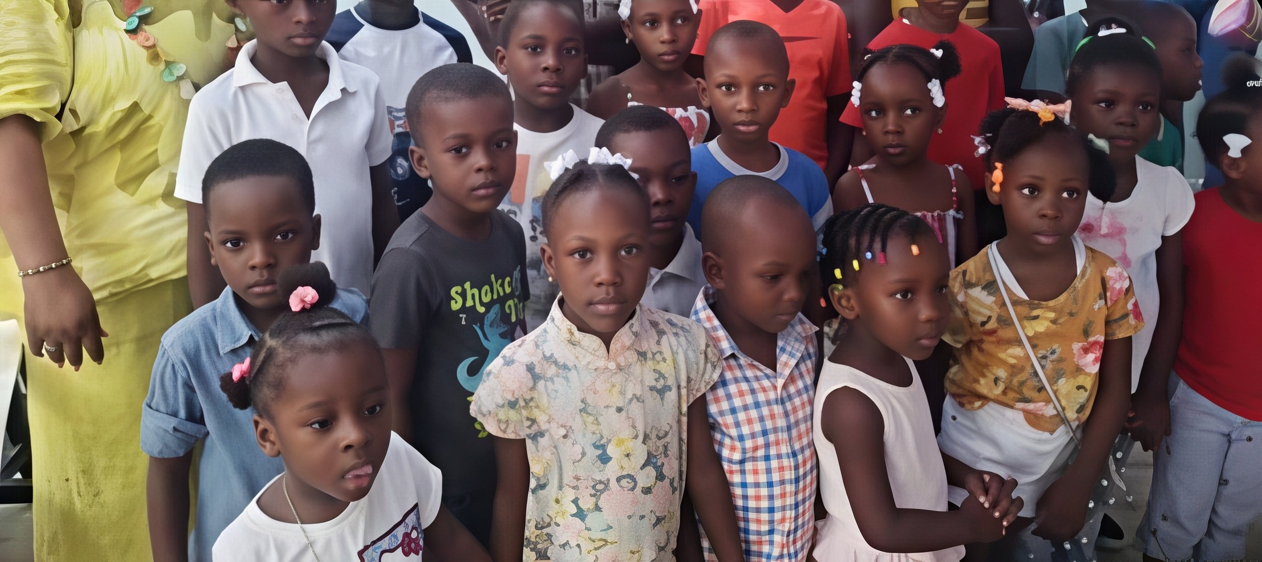 Group of children standing together, some looking directly at the camera, others looking away, with a woman in yellow visible on left. Children vary in age, wearing colorful casual clothes and hairstyles, in an outdoor setting.