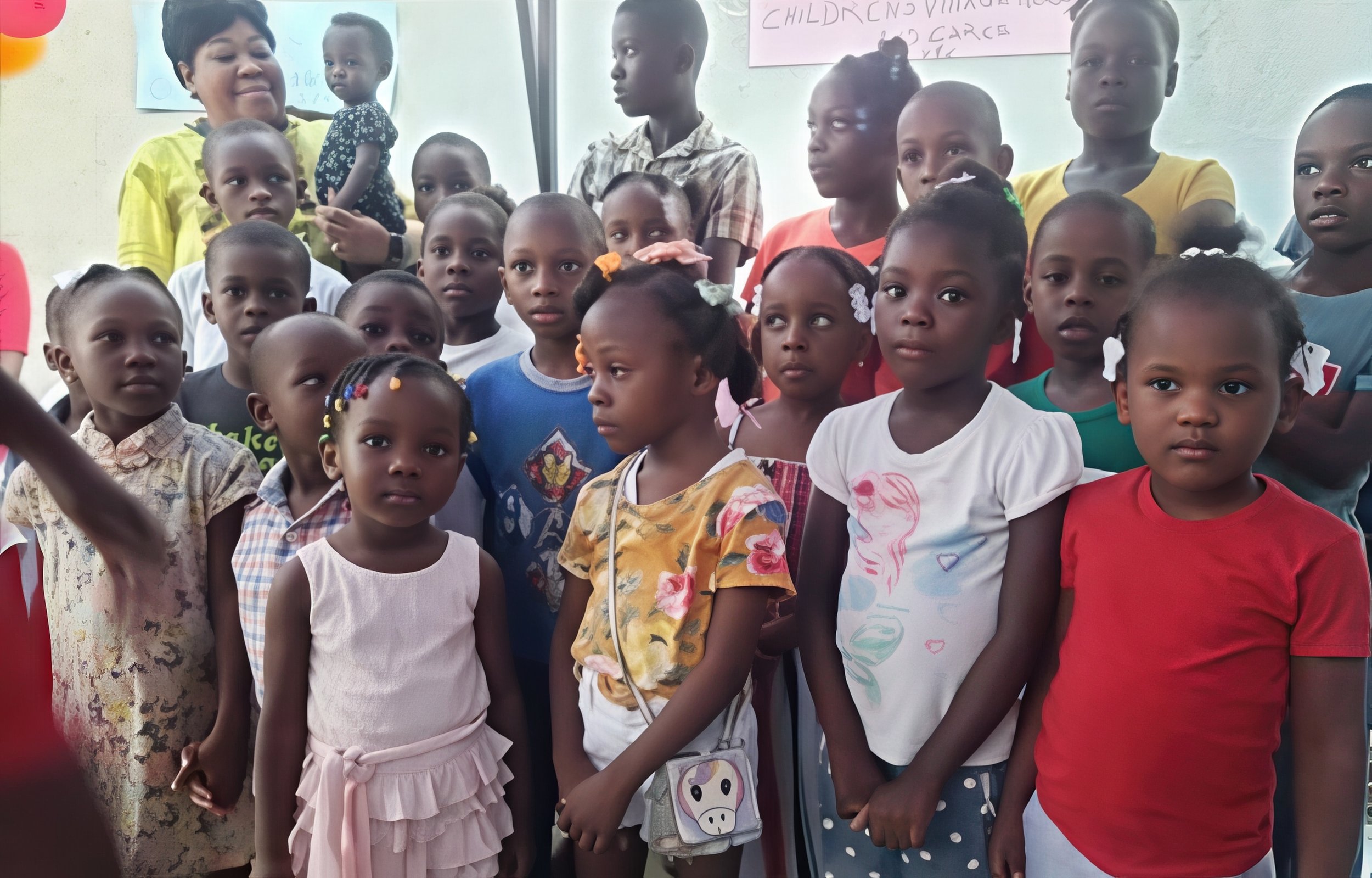 Group of young children with a woman in a classroom setting, some looking at the camera and others looking away, with a whiteboard and posters in the background.