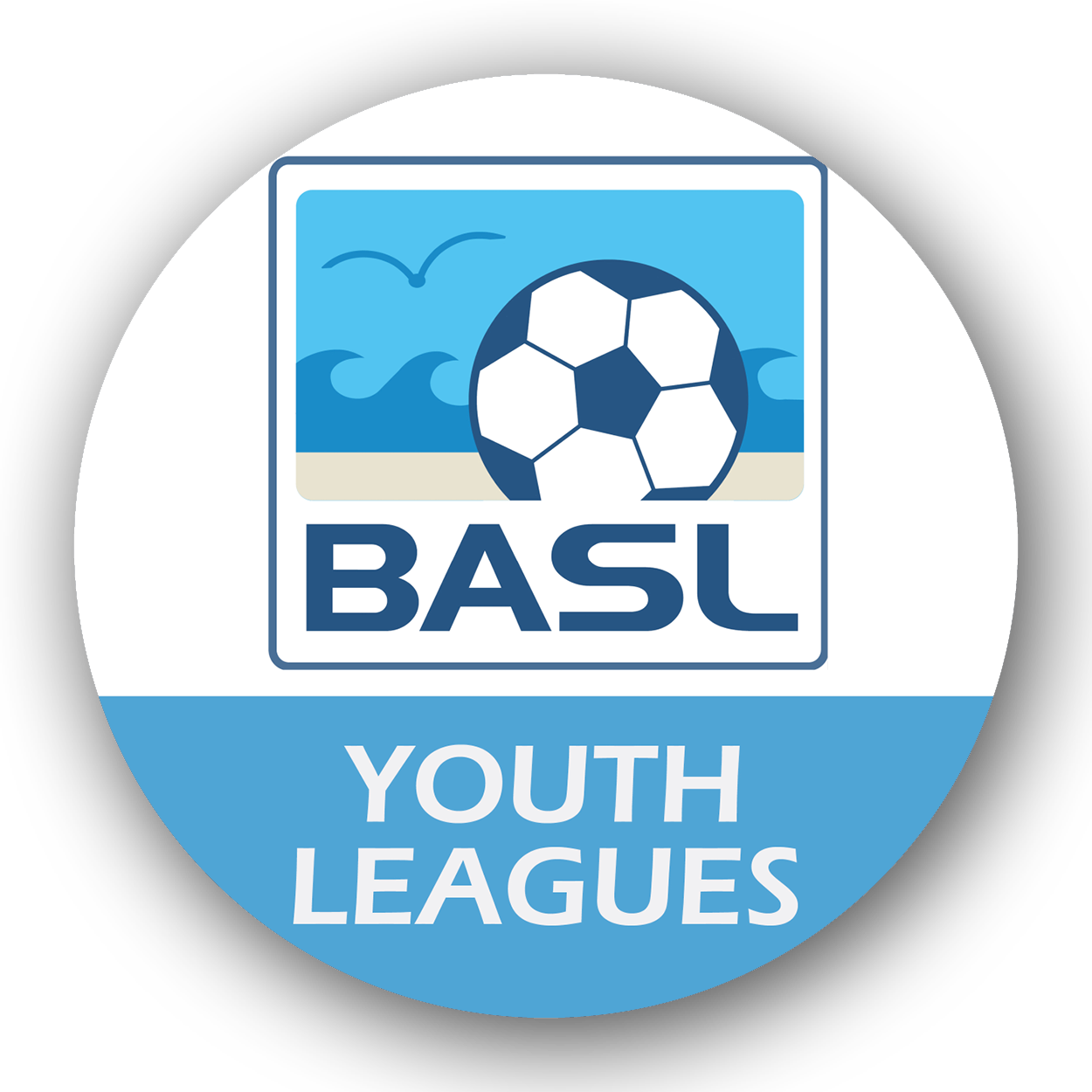 BASL Youth Leagues logo featuring a soccer ball, a beach scene with ocean waves and a seagull, and the text 'BASL Youth Leagues' in blue and white.