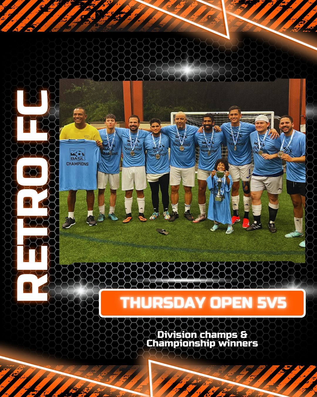 Spring Season &lsquo;25 Thursday Champs ⚽️💪🏼🔥 

5v5 - Retro FC 🏆👏🏼 

7v7 - Termt 👏🏼 

To view all upcoming summer divisions download the BASL app with the link in our bio!