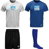 A soccer uniform set including two jerseys, shorts, and a sock. One jersey is gray with a blue and white logo, and the other is blue with a matching logo. The black shorts and a single blue sock are also displayed.