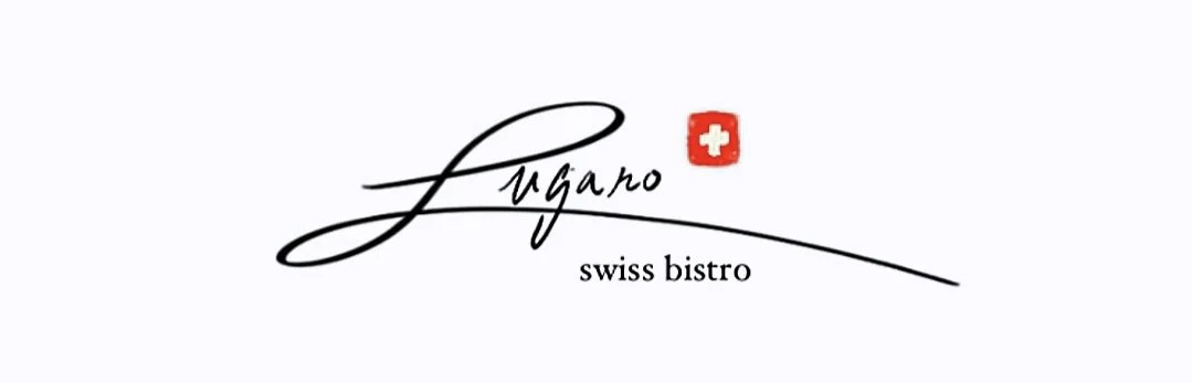 Logo for Lugano Swiss Bistro with handwritten text and a Swiss flag icon.