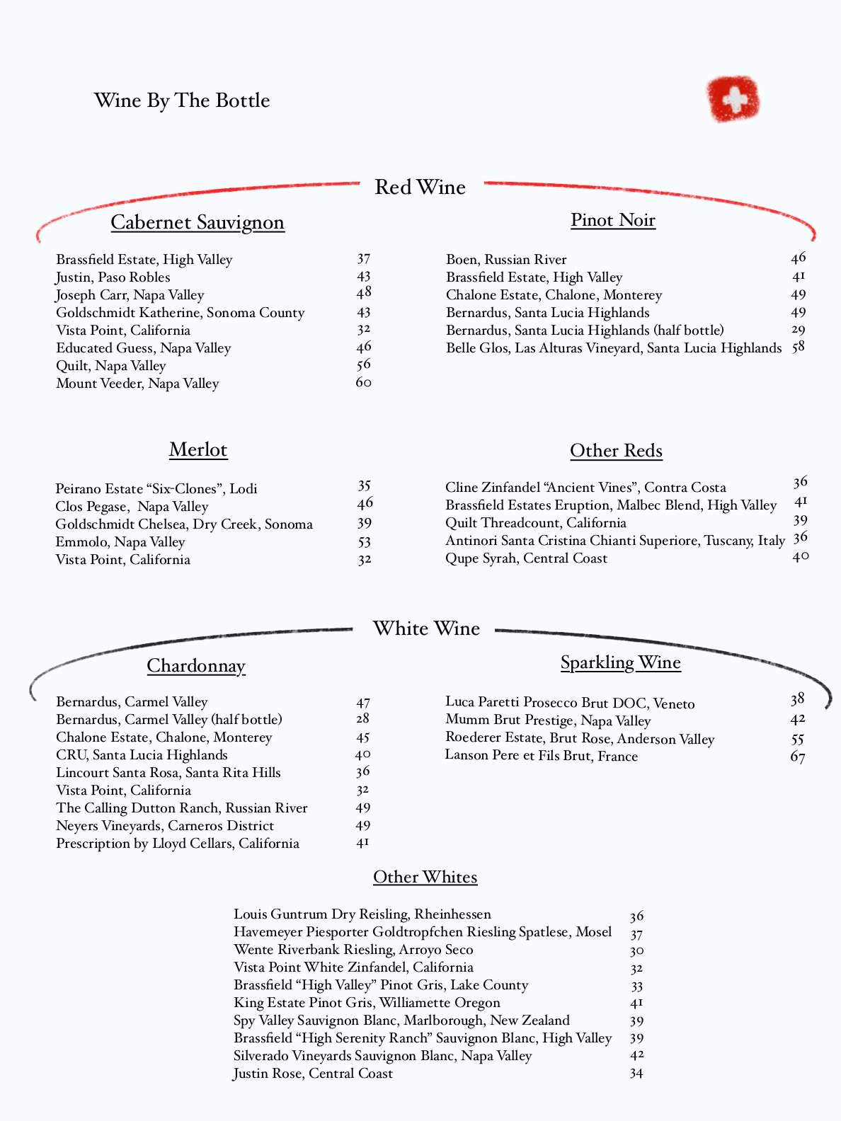 Wine menu listing various types of wines including red, white, and sparkling, with corresponding prices and some in specific regions like Napa Valley, Sonoma County, and Italy.