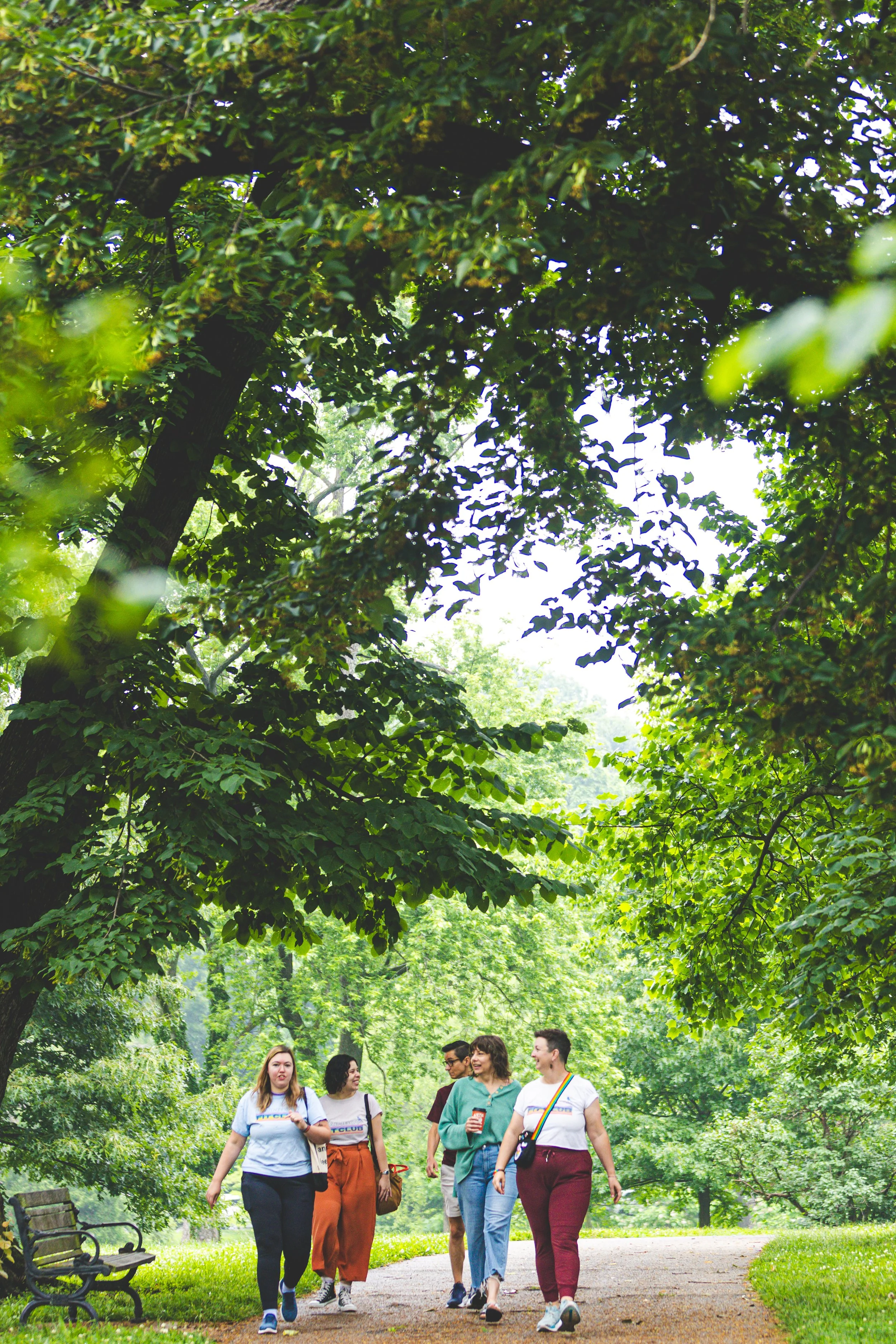 A group of five diverse people walking and chatting in a lush, green park with large trees, a park bench, and a dirt pathway.