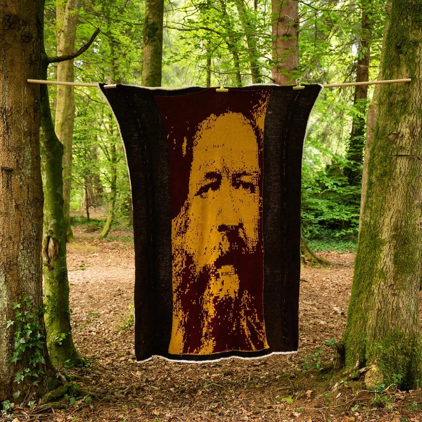 Caveman jacquard knit + organic cabling with crochet border. 
Another favourite piece of mine from my Kinship collection. 
People have an affinity for sitting around campfires- for warmth, ceremony and group gathering. Traditions that have existed f
