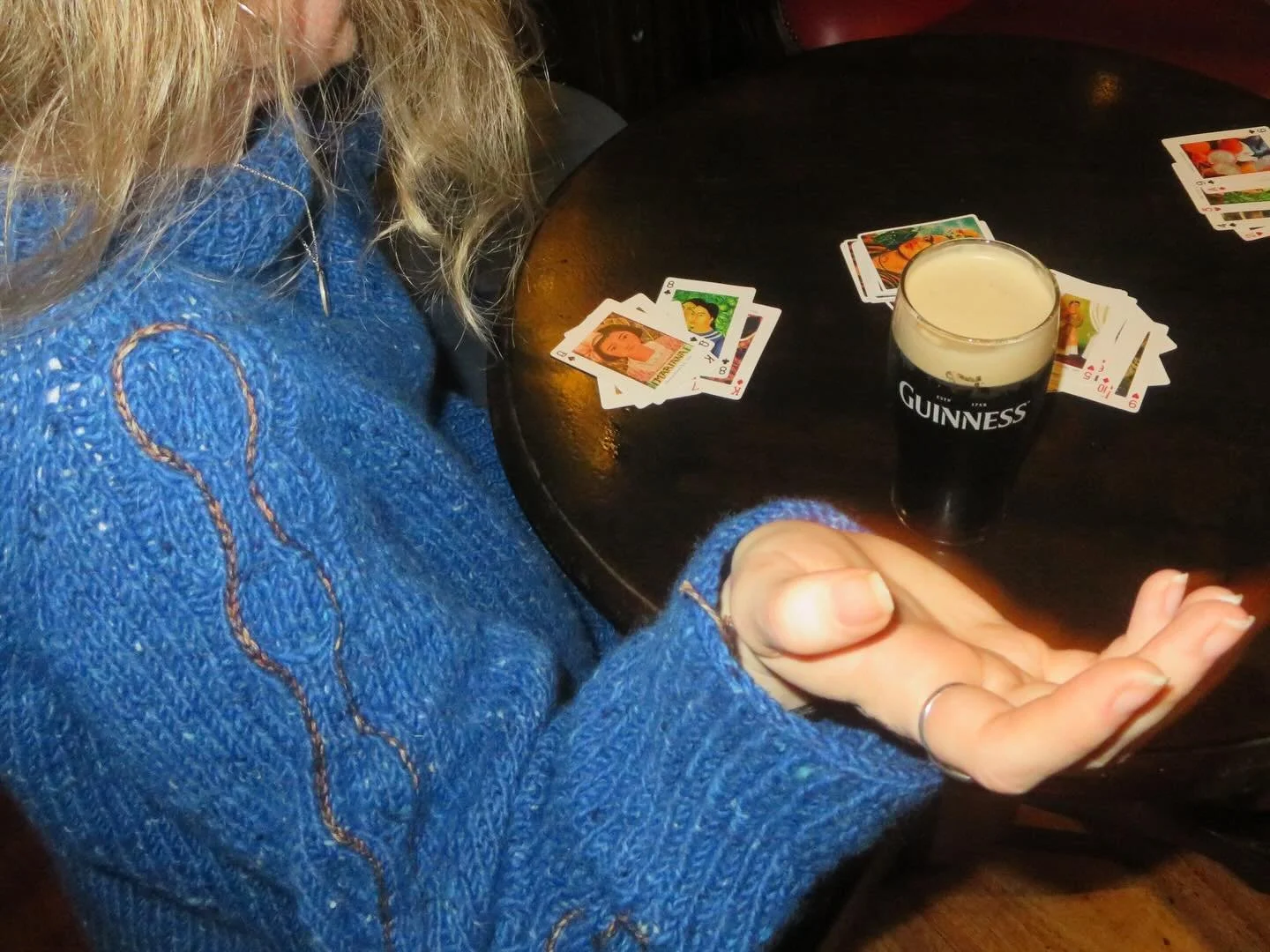 -Hand-knit blue wool jumper-

This was designed and made as a commission from a daughter to a mother&hellip; such a sweet gift!! 

Details:
- Embellished cabling along sleeves and back (or front since she&rsquo;s reversible)
- Beautiful blue wool fro