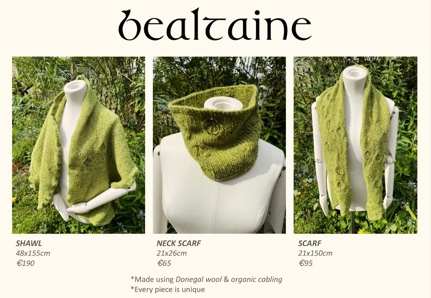 Specifications of the pieces available for purchase from the Bealtaine project. Numbers are limited. Details on the concept and design can be seen on my page. 

Available on woolcult.ie shop Thursday 7th May! Sign up for my newsletter to be the first