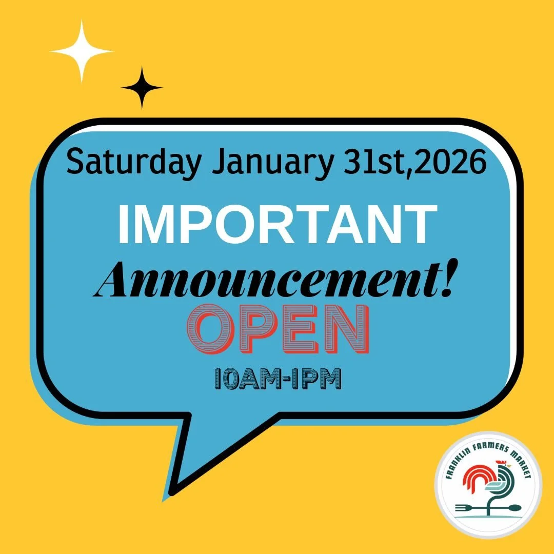 📣 MARKET HOURS for Saturday January 31st, will be 10am-1pm. ⏰ Weather Permitting ❄️ Reminder of our new location: 📍120 Aldersgate Way Franklin , TN at the parking lot of Franklin First United Methodist Church. @franklin_fumc 
❄️🧑&zwj;🌾 Share the 