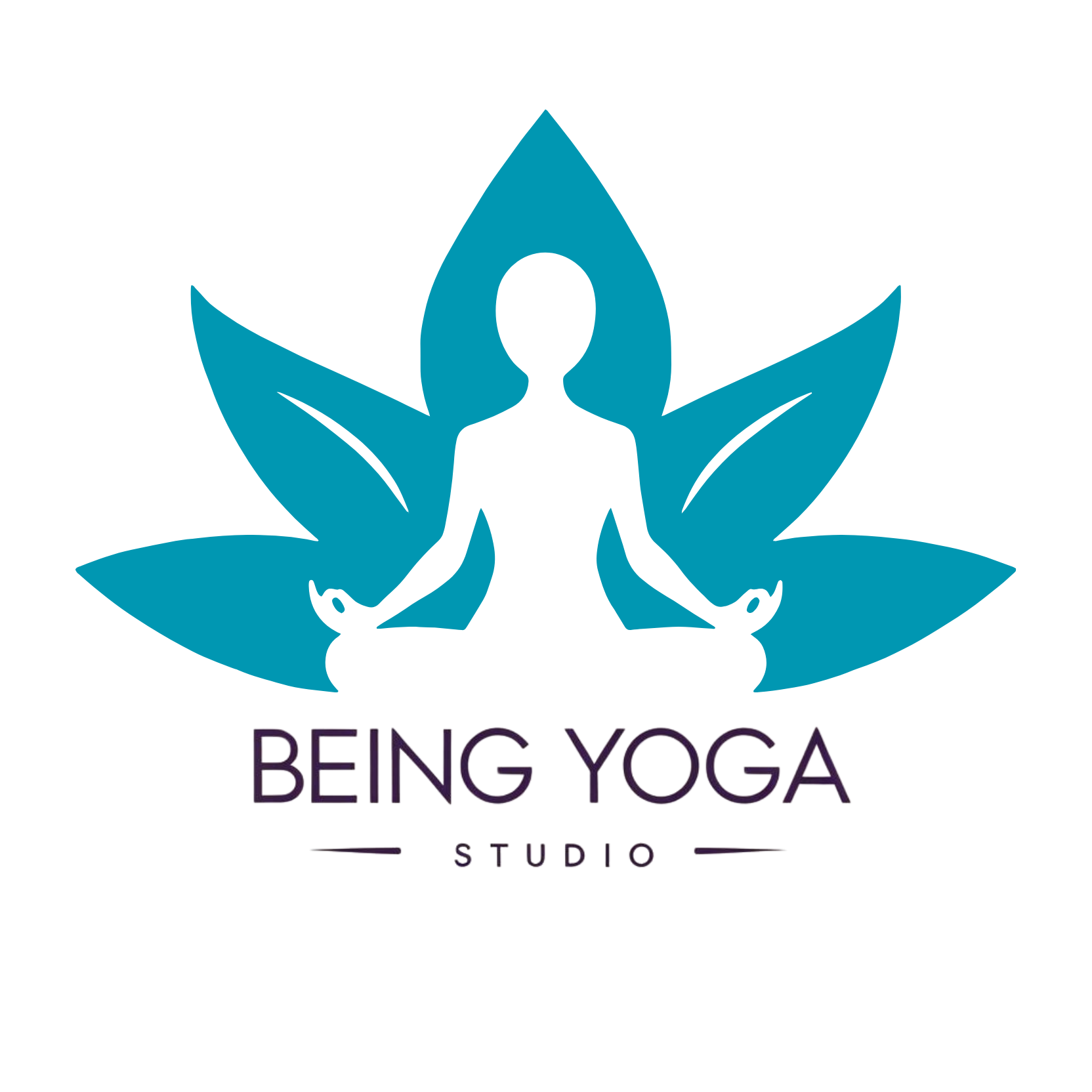 Logo for Being Yoga Studio featuring a stylized person meditating in a seated yoga pose, with a large blue leaf behind them and the text "BEING YOGA studio" underneath.