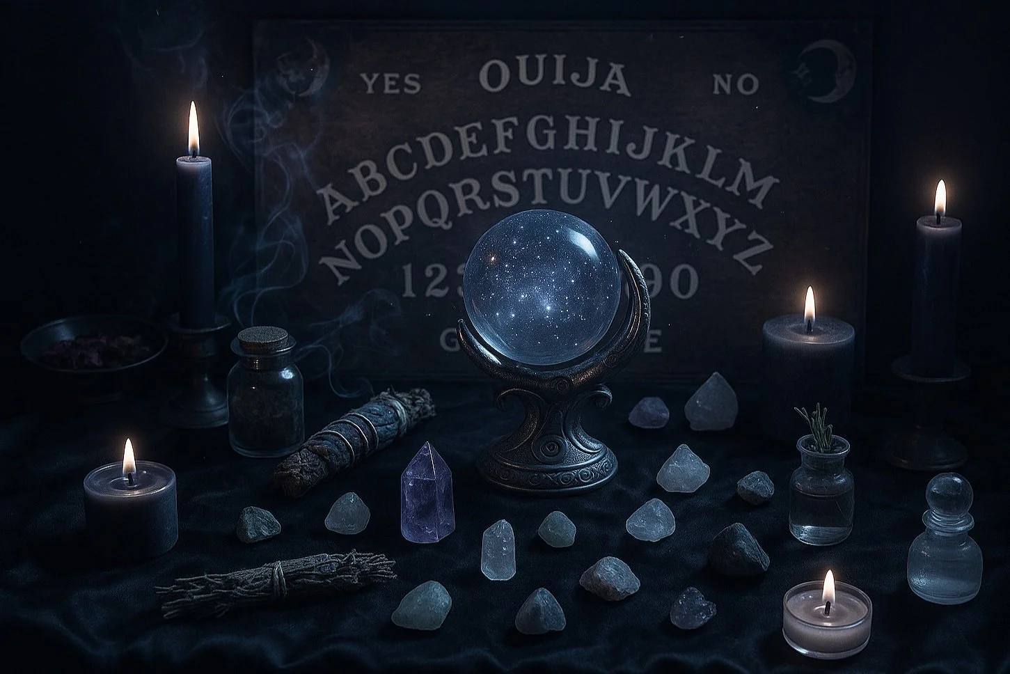 Ouija board with candles creating a mystical ritual atmosphere