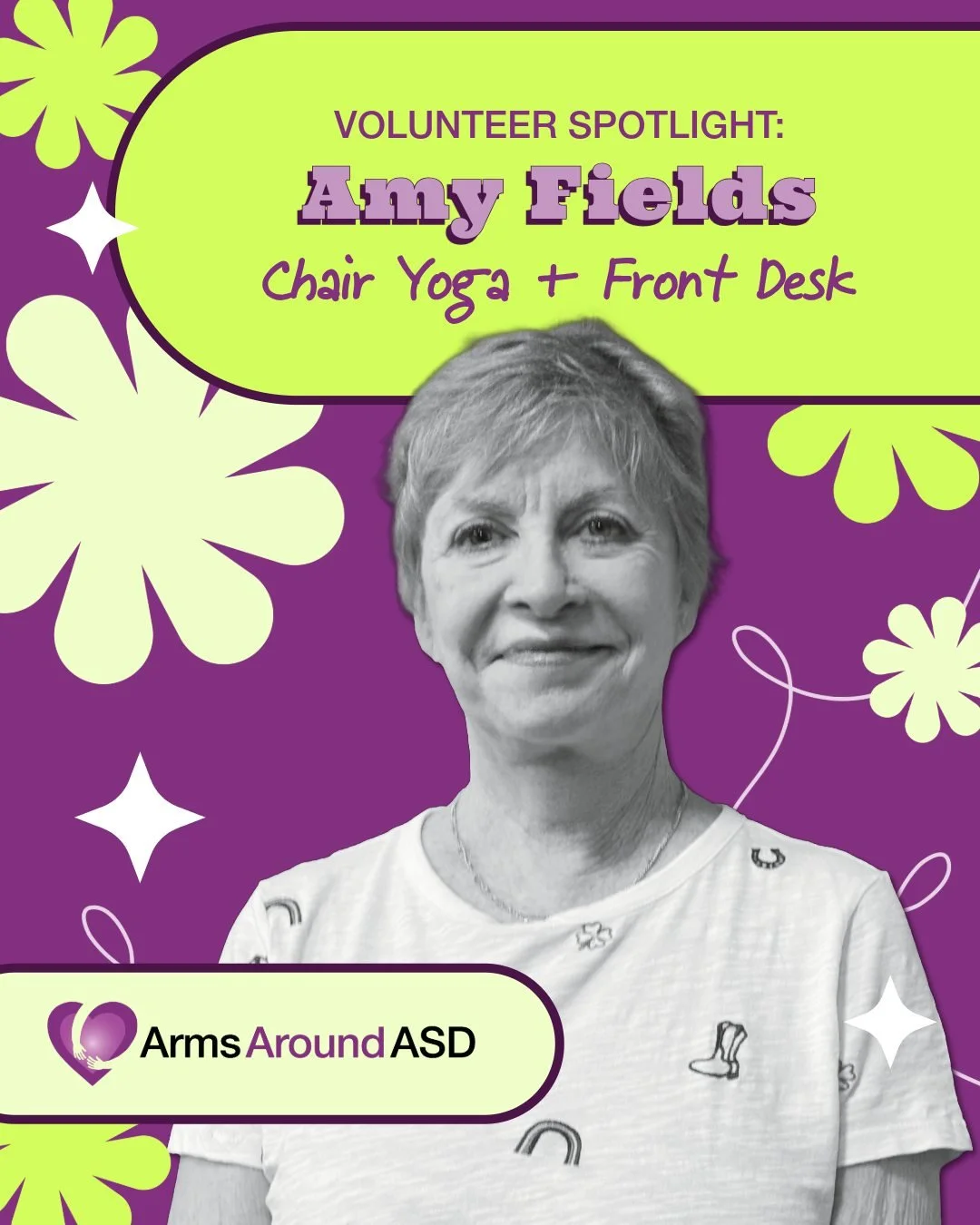 Today's spotlight is on Amy Fields, one of our yoga instructors and front desk volunteer staff. Thank you, Amy, for all that you do at Arms! 

Here's a quote:

&quot;Hi everyone! My name is Amy Fields, and I'm thrilled to be involved in Arms Around A