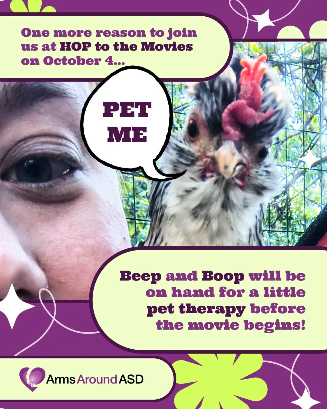 Come join us to love on some #chickens! Beep and Boop will be on hand for a little #pettherapy before the movie begins. ...Boop bears a striking resemblance to #GeneWilder, don&rsquo;t you think??? 

When you join our fundraising efforts, like this H