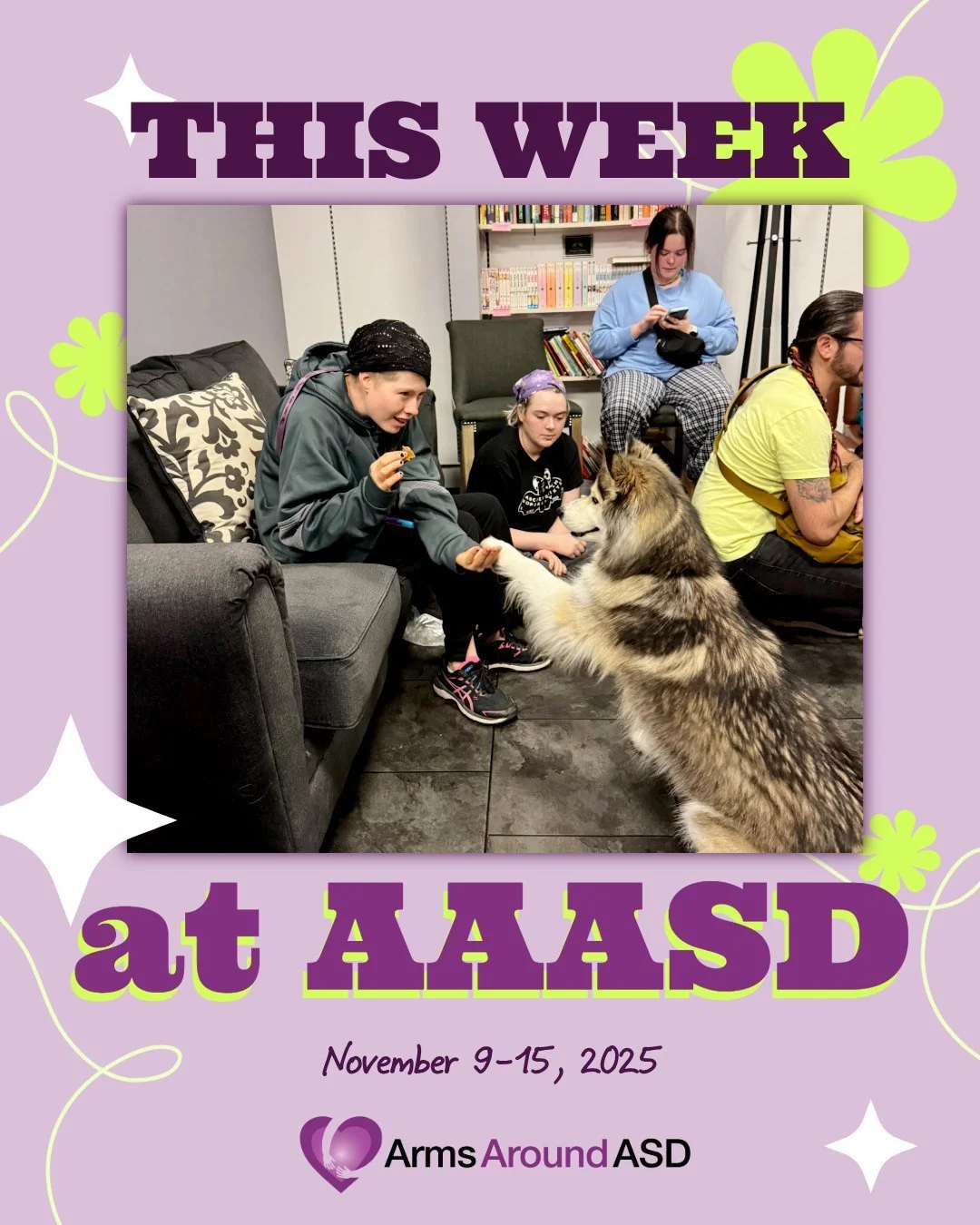 Looking forward to a fun week! Here's what's going on.

2025 // November 9-15

&gt;&gt; Monday, 11/10
12:15pm: Chair Yoga with Amy
2:00pm: Garden Group with Kathy T 4:00pm: Snack Attack! with Megan &amp; Ky-Lee (This month: Turkey-shaped charcuterie 