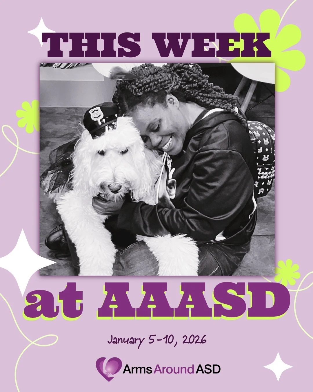 HAPPY NEW YEAR to the Arms Around ASD Community! As the calendar flips, we hope that you are looking forward to the renewal vibes this season brings. 

Please note that one of our new events was mistakenly excluded from the email newsletter: Autistic