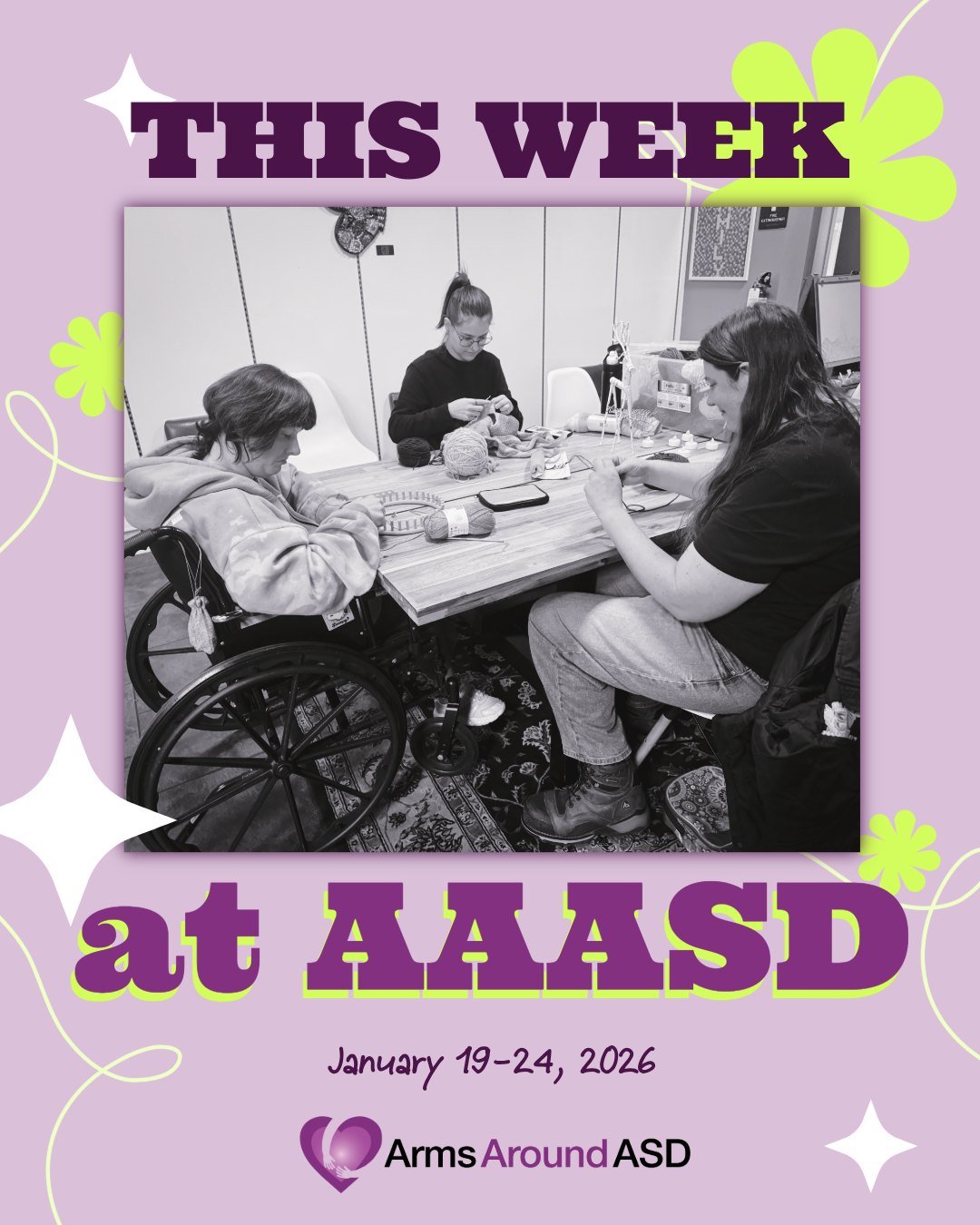 Here's the week ahead at Arms Around ASD. We look forward to seeing you!

Starred (*) items indicate that a service is by appointment only, so give us a call or send a message to schedule.

MONDAY 1/19
2pm: Garden Group
4pm: Baking with Harper
*4pm-6