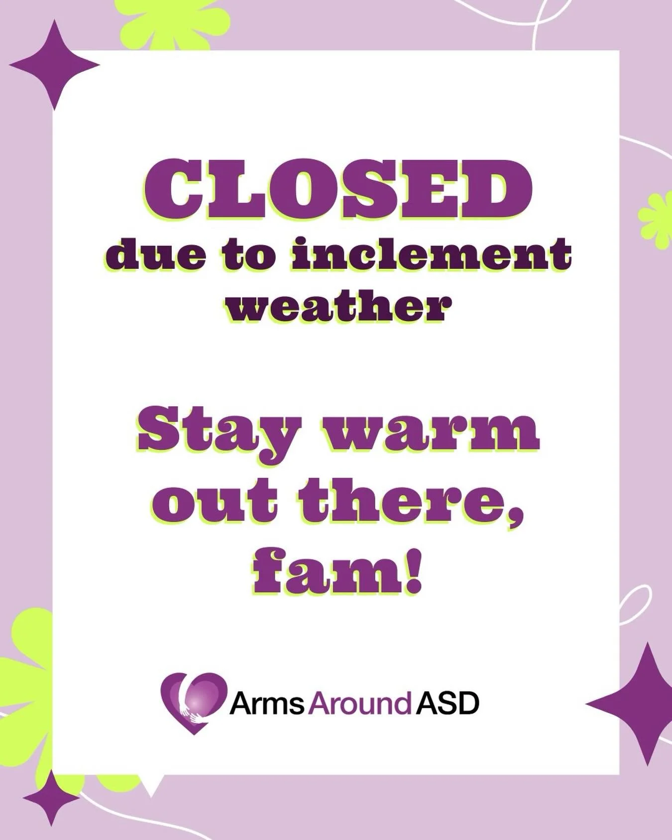 DAY THREE OF SNOW AND FRIGID TEMPS AND Arms Around ASD AND THE Asheville Mall ARE CLOSED 🥶❄️

We hope to see you tomorrow. Stay warm and if you absolutely have to leave the house, stay safe 💜