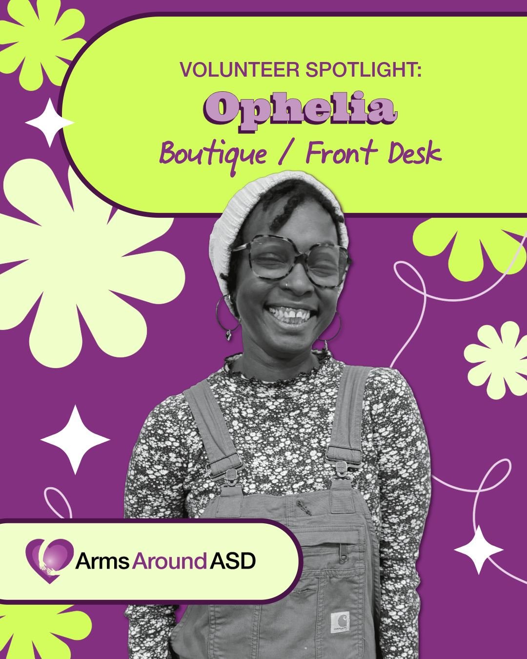 Today's Spotlight is on Ophelia, one of our awesome front desk volunteer staff.

In Ophelia's own words: "I'm excited about volunteering at Arms because I get to connect with our community face-to-face. That's what I love most, is the ability to