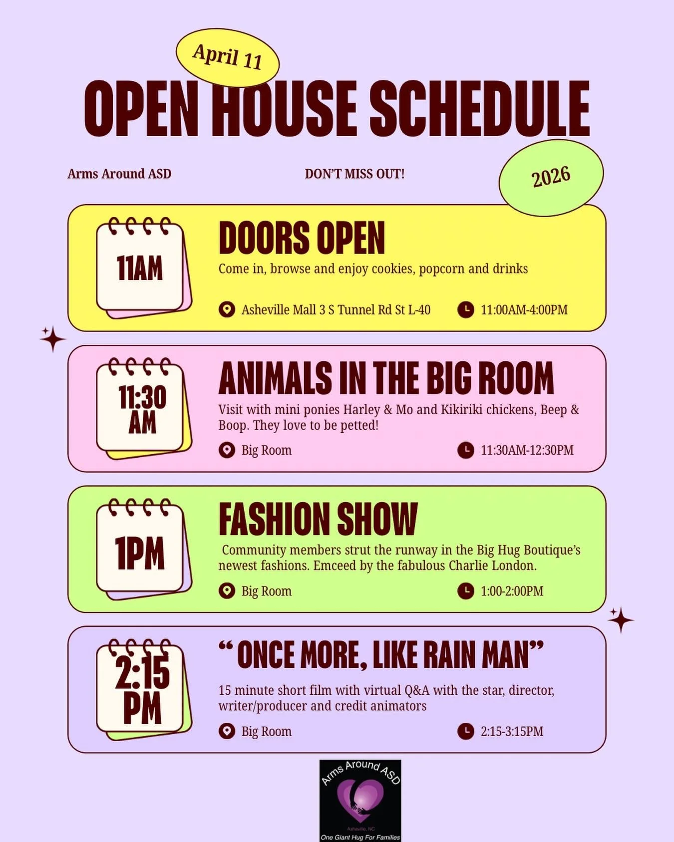 Come for the cookies, stay for the community 💜

Don&rsquo;t miss the Arms Around ASD Open House in honor of Autism Acceptance Month - Saturday, April 11 from 11am-4pm at Arms Around ASD in the Asheville Mall.