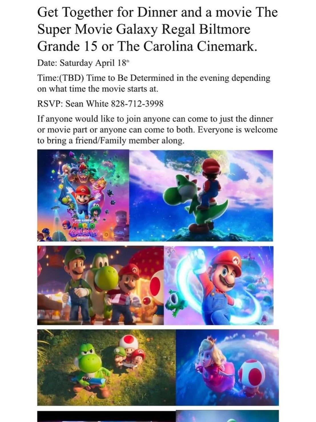@seanwhite500 get together is this Saturday, April 18. Dinner is at 4:40pm at Hickory Tavern and the movie is Super Mario Galaxy at the 7:30pm showtime at Regal Biltmore Grande 15. Sean&rsquo;s seat number is G6 if you want to grab a seat near him. T
