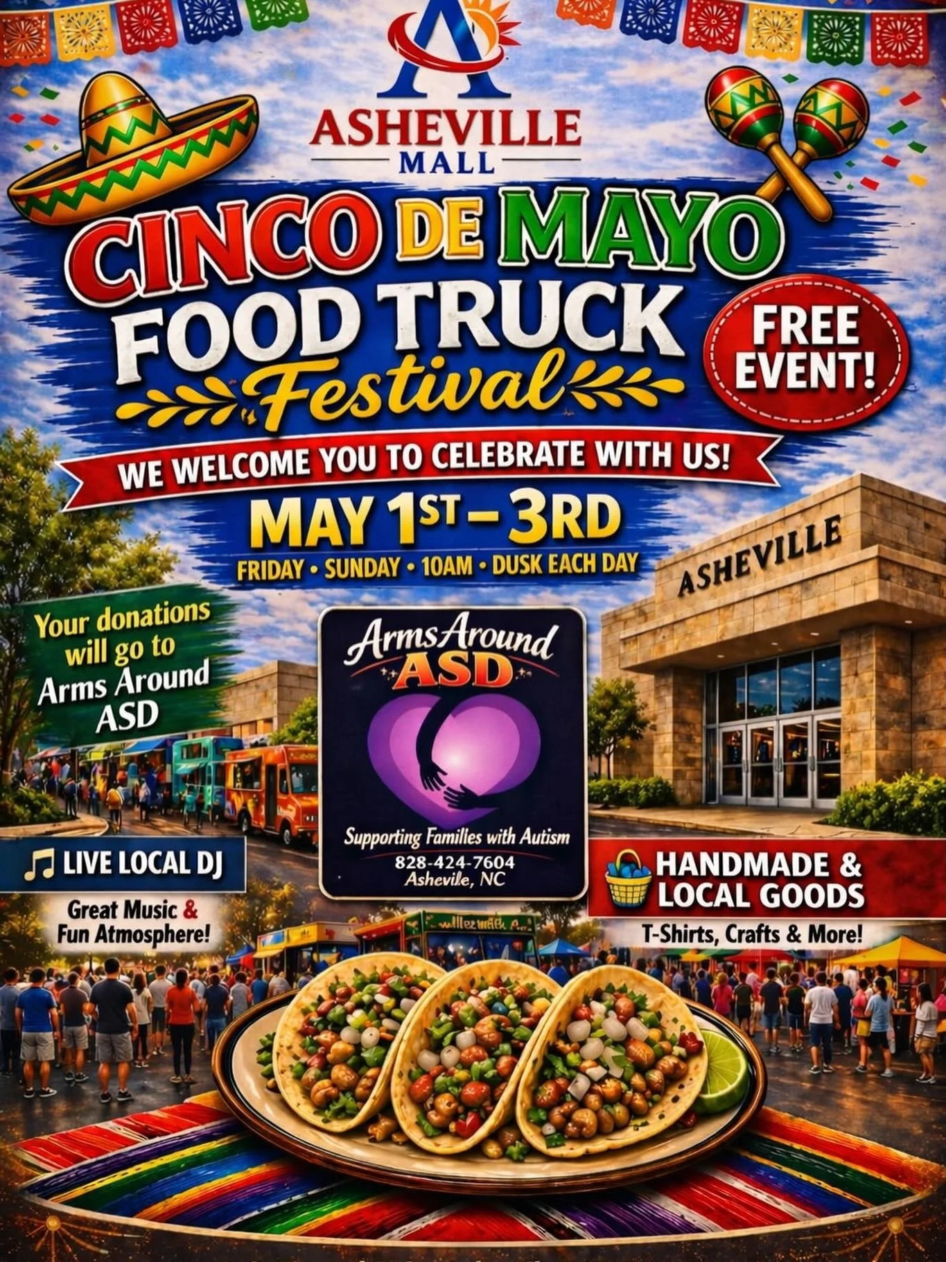 Friday, May 1, Saturday, May 2 and Sunday, May 3, come to the red parking deck at the Asheville Mall to celebrate Cinco de Mayo with a Food Truck Festival featuring delicious food and handmade goods from a variety of vendors hosted by @montanasmokesl