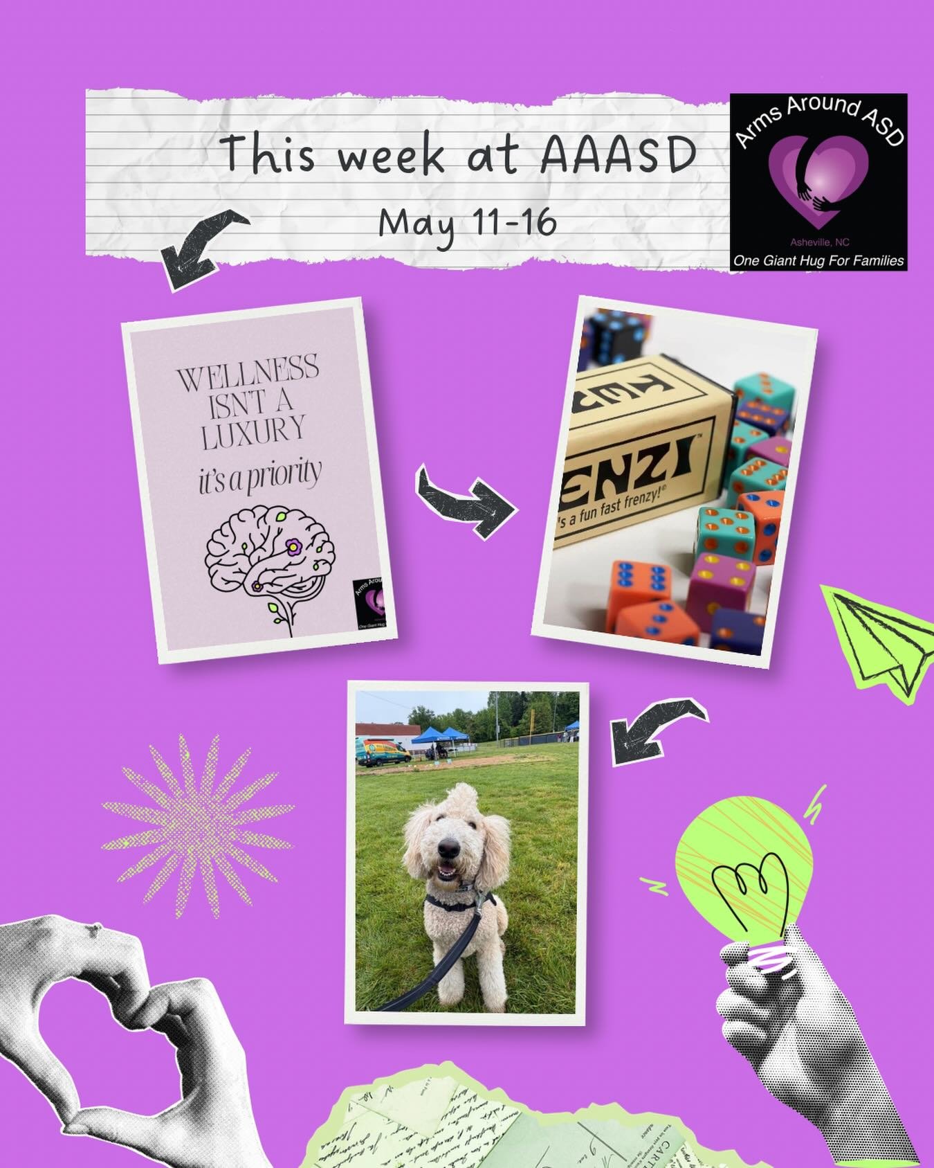 Every day is a party when you get to hang out with your friends 💜 Lots of fun things to do plus loads of self-care opportunities. Here&rsquo;s what&rsquo;s happening this week at Arms Around ASD - 

MONDAY 5/11
11:00, 11:30, 12:00, 12:30 Health Coac
