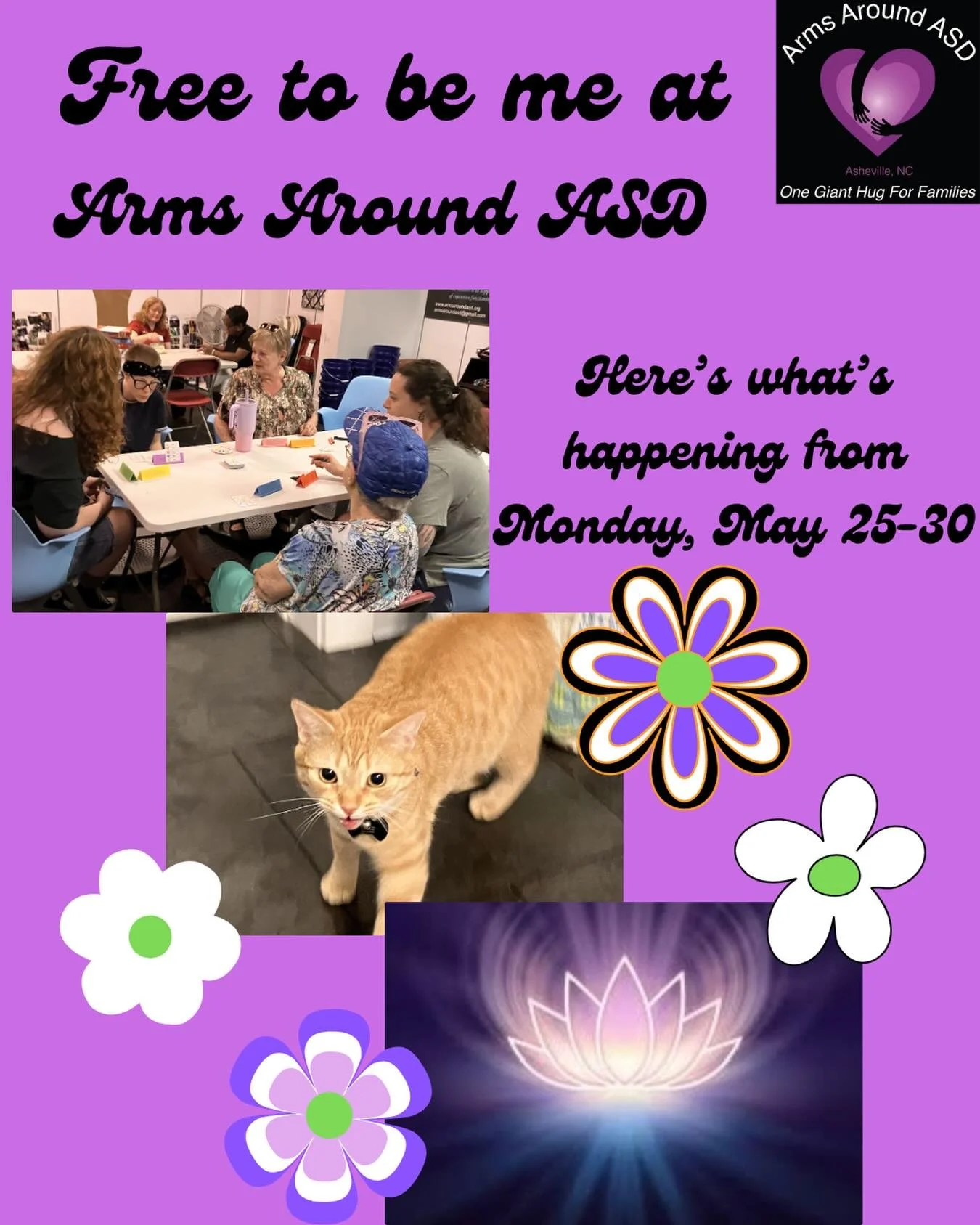 Wrapping up May at Arms Around ASD with a special ceremony addressing feminine trauma💜
Here&rsquo;s everything that&rsquo;s going on from Monday, May 25 through Saturday, May 30 - 

MONDAY 5/25
Closed for Memorial Day

TUESDAY 5/26
11:45, 1:00 Reiki