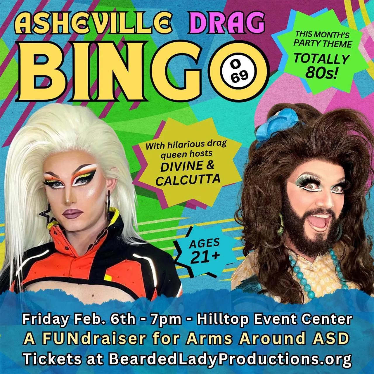 Two drag queens on a colorful graphic with text