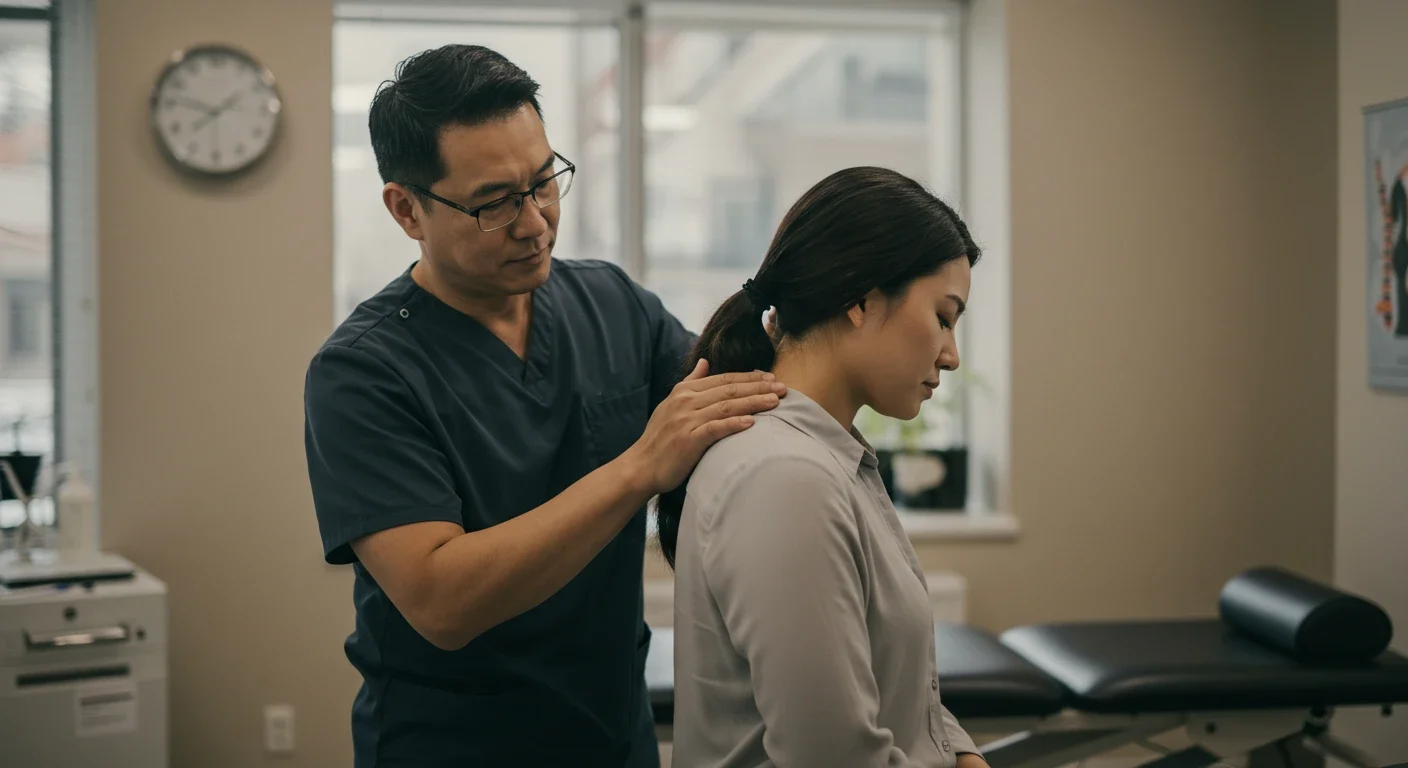 Patient discussing neck pain with therapist in neutral-toned modern clinic
