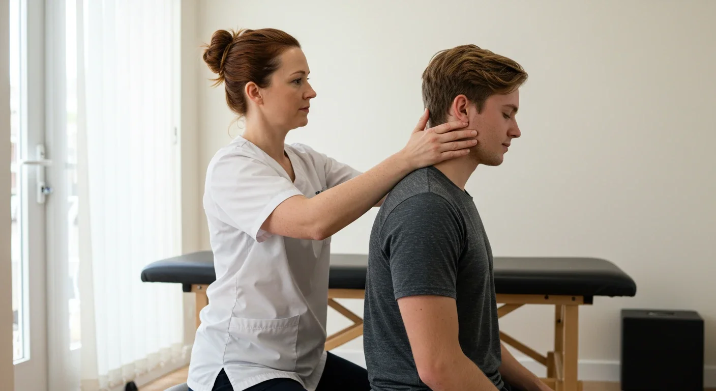 Therapist guiding patient through neck mobility exercise in beige-toned rehab room.