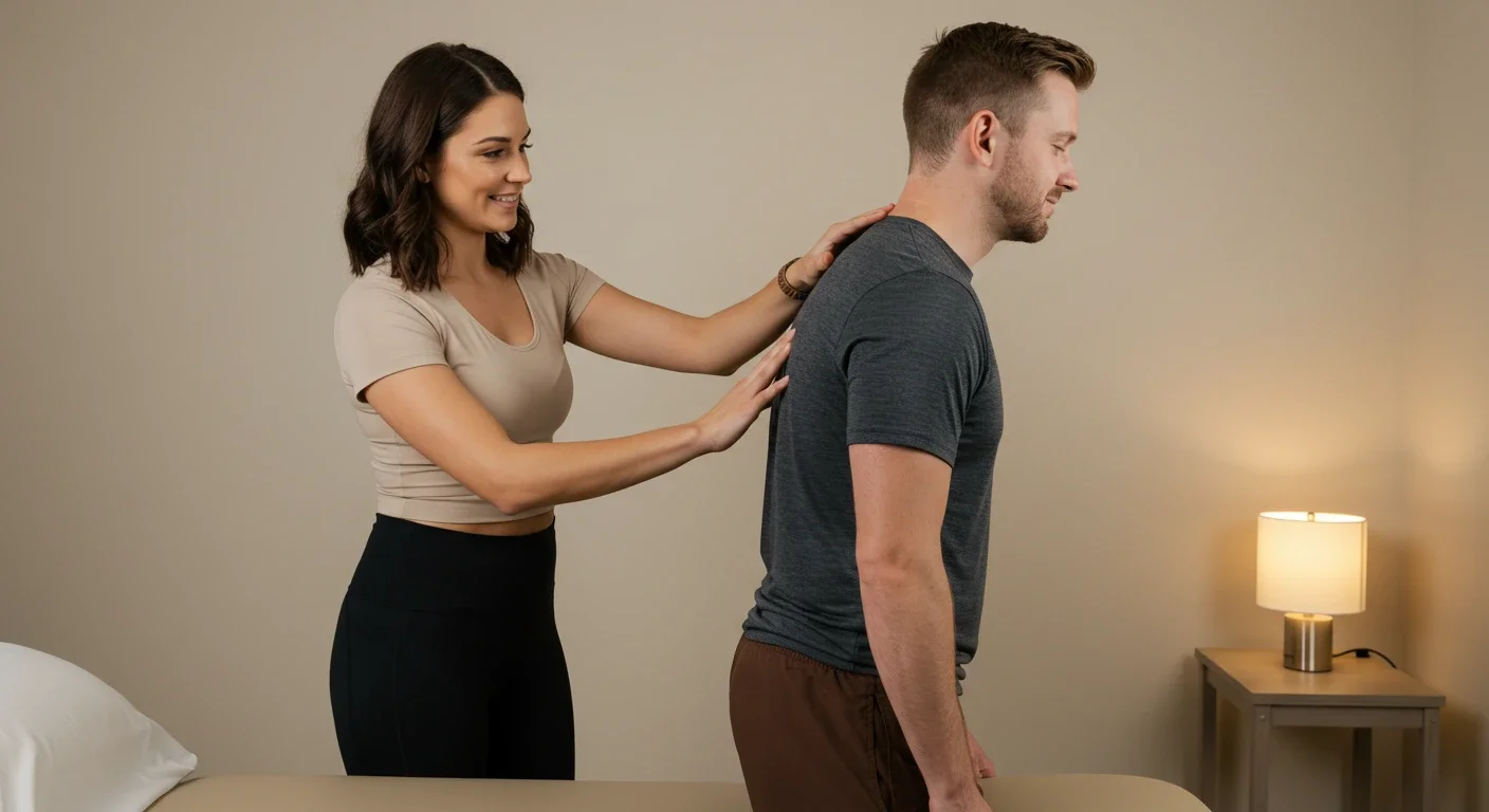 Therapist showing effects of poor posture to patient, beige and black sportswear.