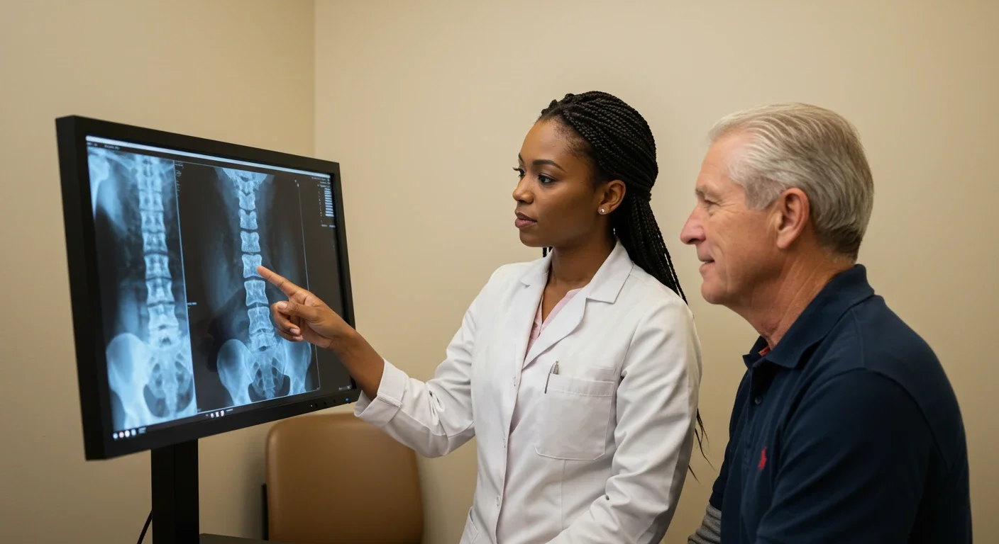 Therapist explaining spine X-ray to older patient in warm neutral clinic environment.
