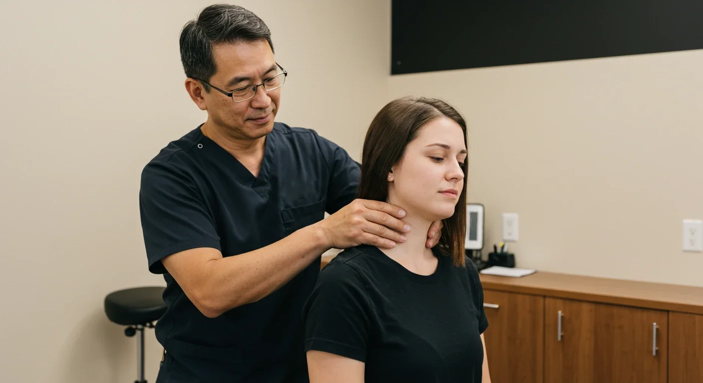 Chiropractor examining neck injury patient in soft-lit beige and brown clinic setting.