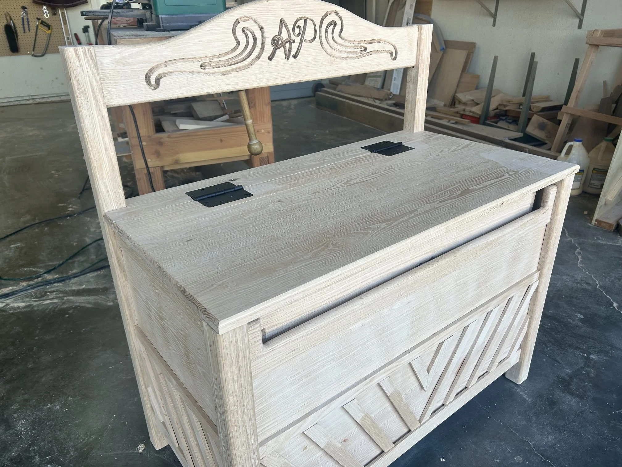 Oak toy chest with interior cabinet, ready to be painted.
