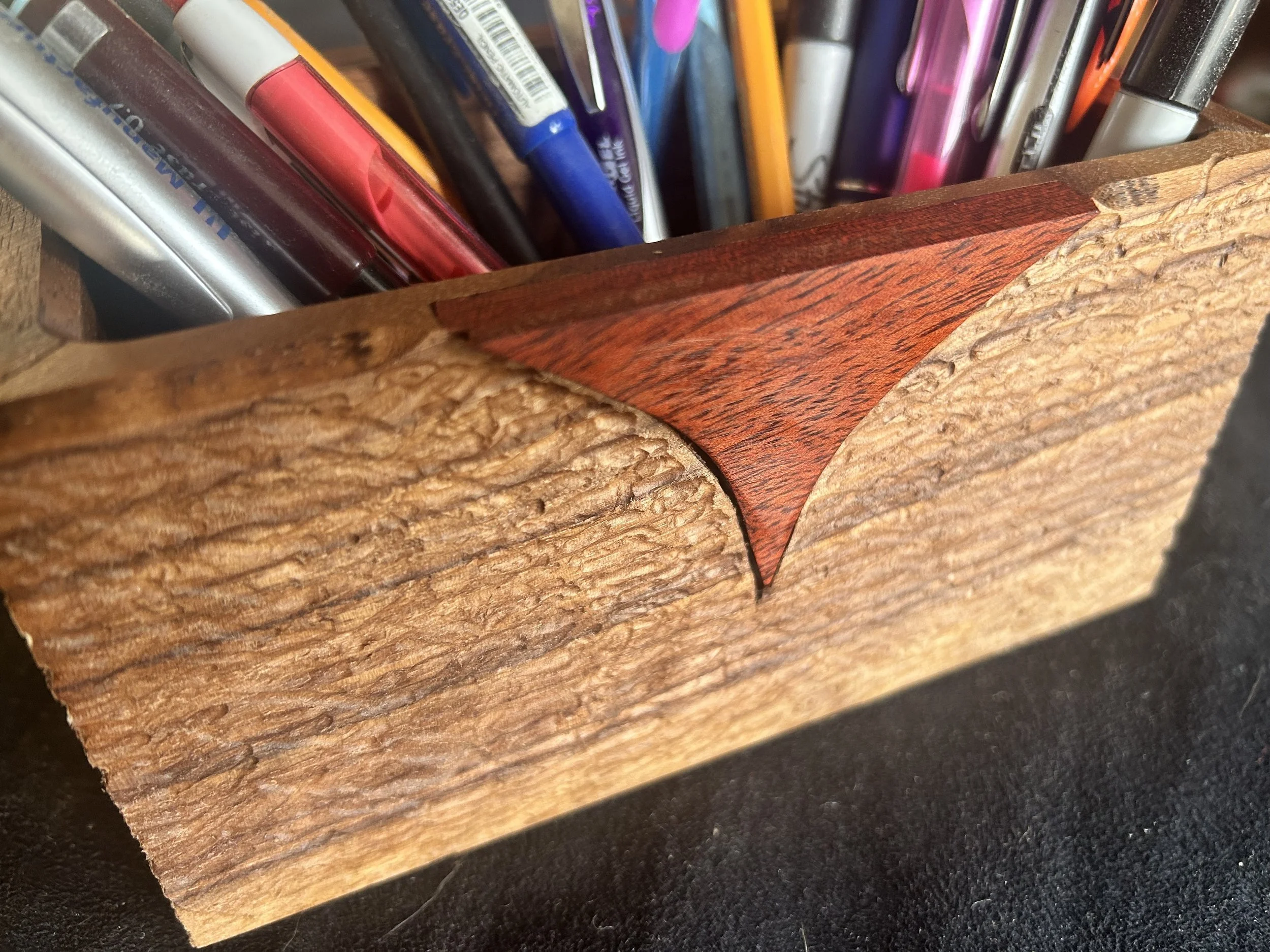 Walnut pencil caddy with bloodwood accent