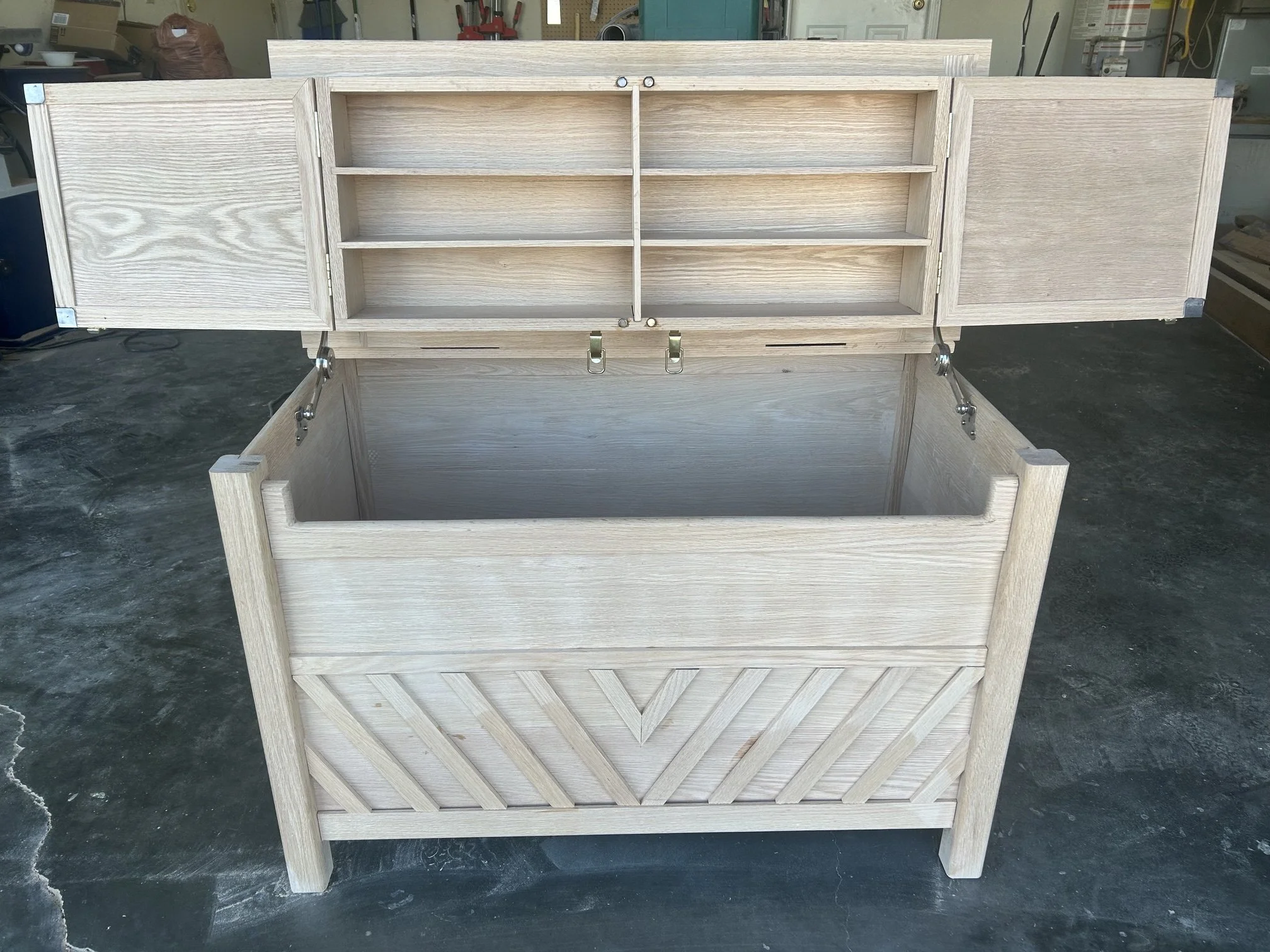 Oak toy chest with interior cabinet, ready to be painted.