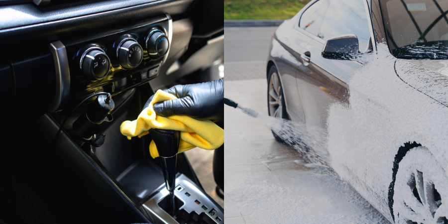 One Step Paint Correction. Person cleaning a car's interior dashboard with a yellow cloth. Right side: Car being washed with foam spray at a car wash.