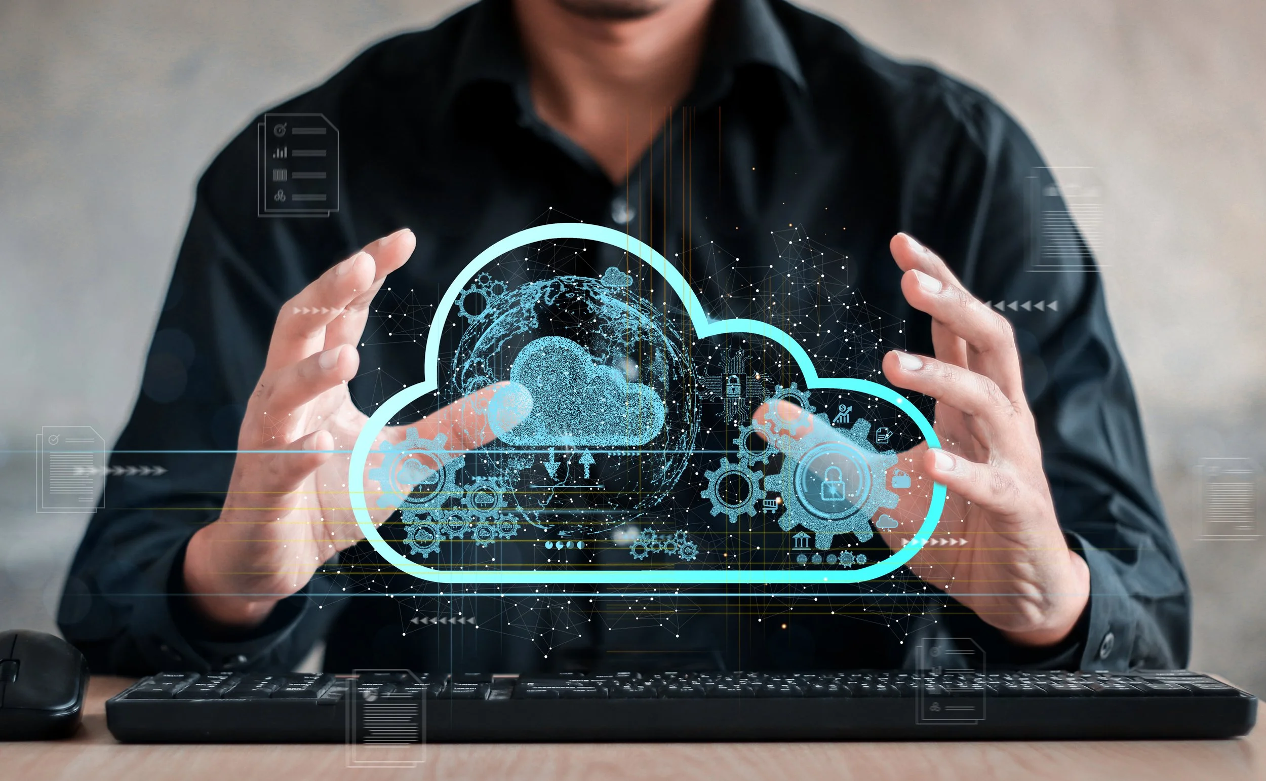 Illustration of a cloud with interconnected network lines and data points, representing cloud computing and data connectivity.