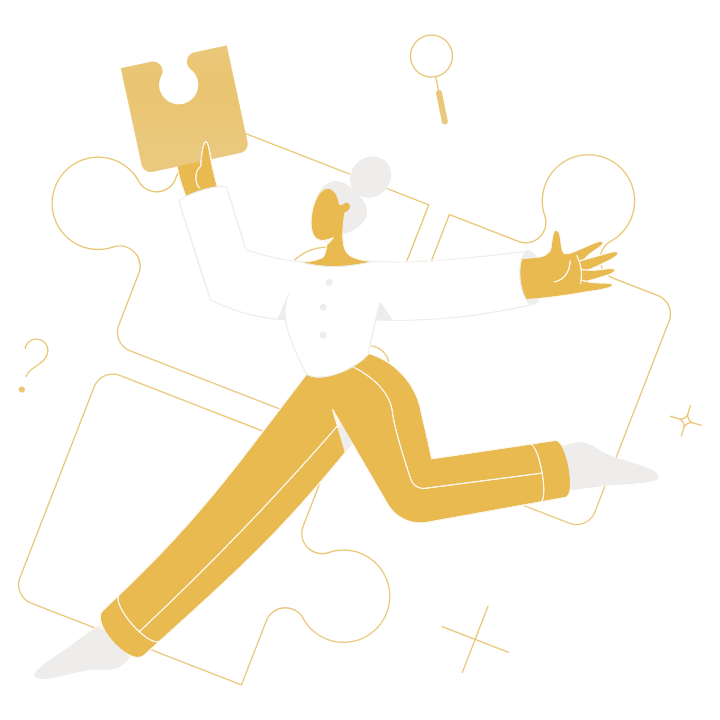 Illustration of a person holding a puzzle piece, with outstretched arms, surrounded by puzzle pieces and light icons.