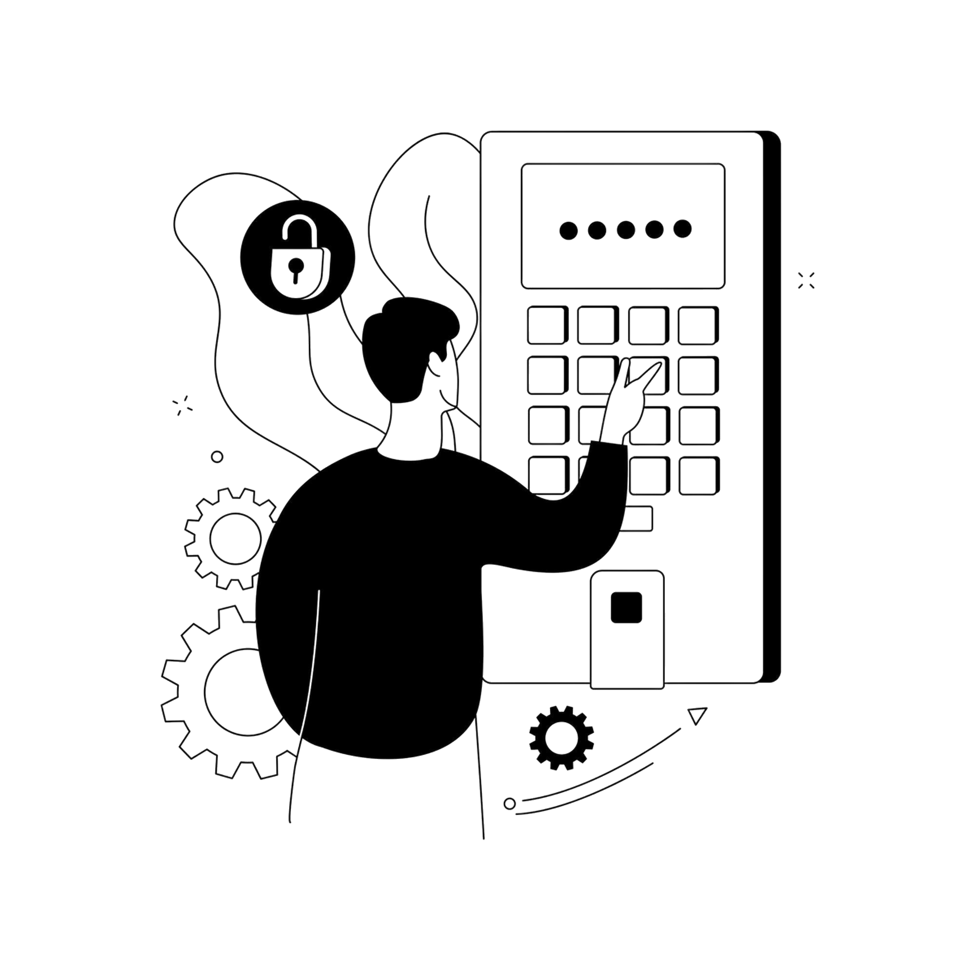 Line drawing of a hand holding a smartphone with a padlock symbol on the screen, surrounded by gears and mechanical elements.
