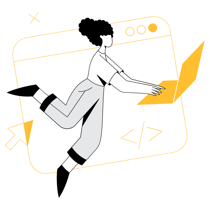 Digital illustration of a smartphone with coding symbols, a checkmark, and a pen nib, surrounded by line art elements.