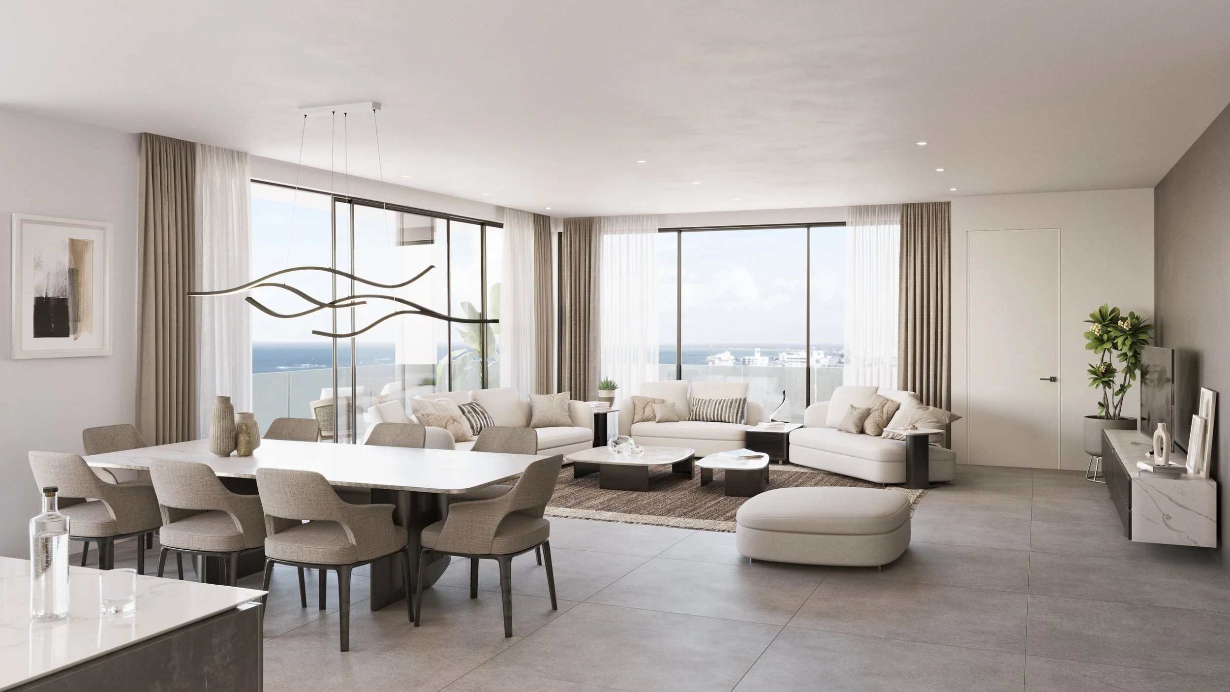 Modern living and dining room with white sofas, dining table with eight chairs, large windows with view, and minimalistic decor.