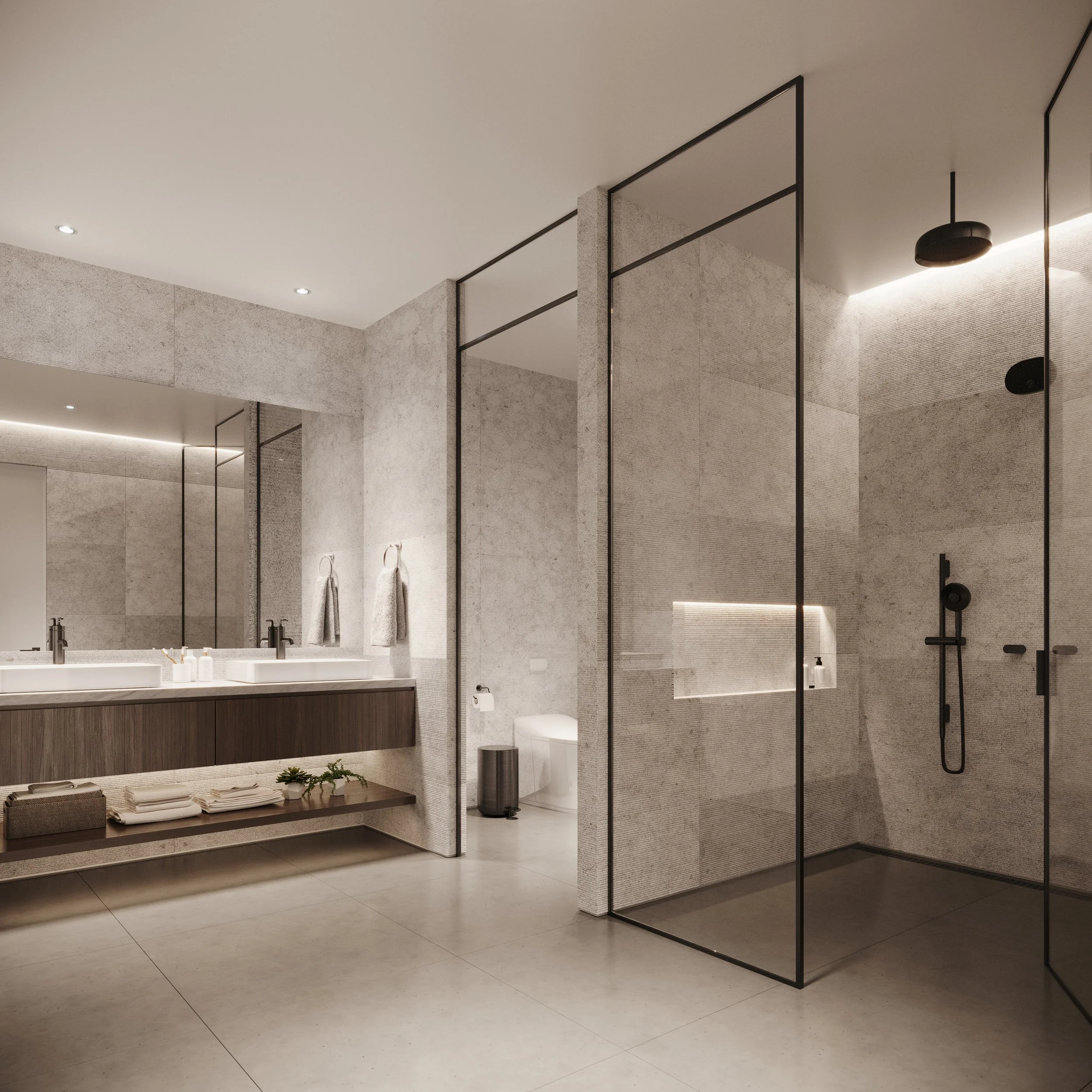 Modern bathroom with double vanity, large mirror, towels, toilet, and glass-enclosed walk-in shower with black fixtures and minimalist design.