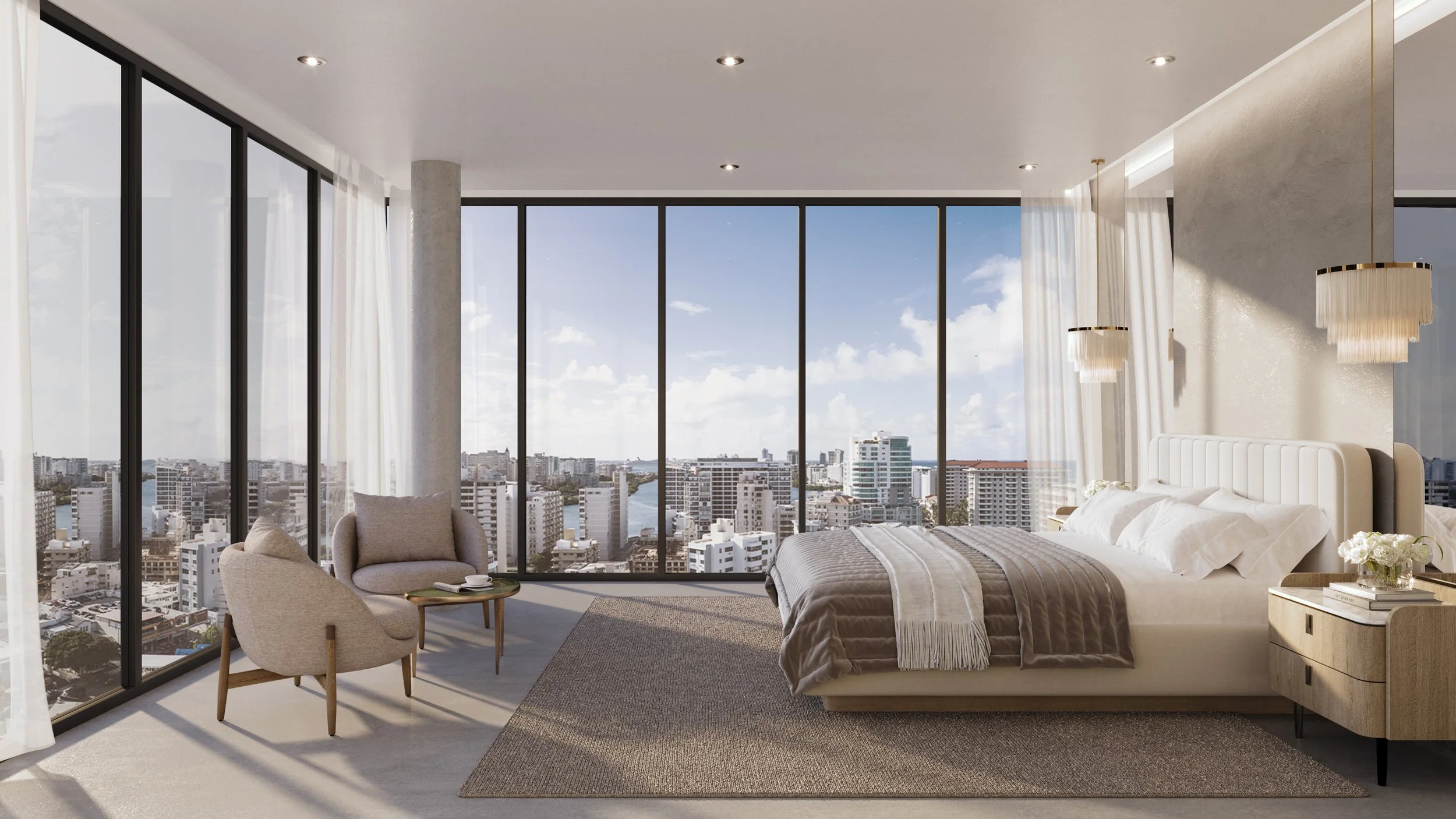 Modern bedroom with floor-to-ceiling windows overlooking city buildings, a bed with white headboard, beige bedding, and two hanging pendant lights.