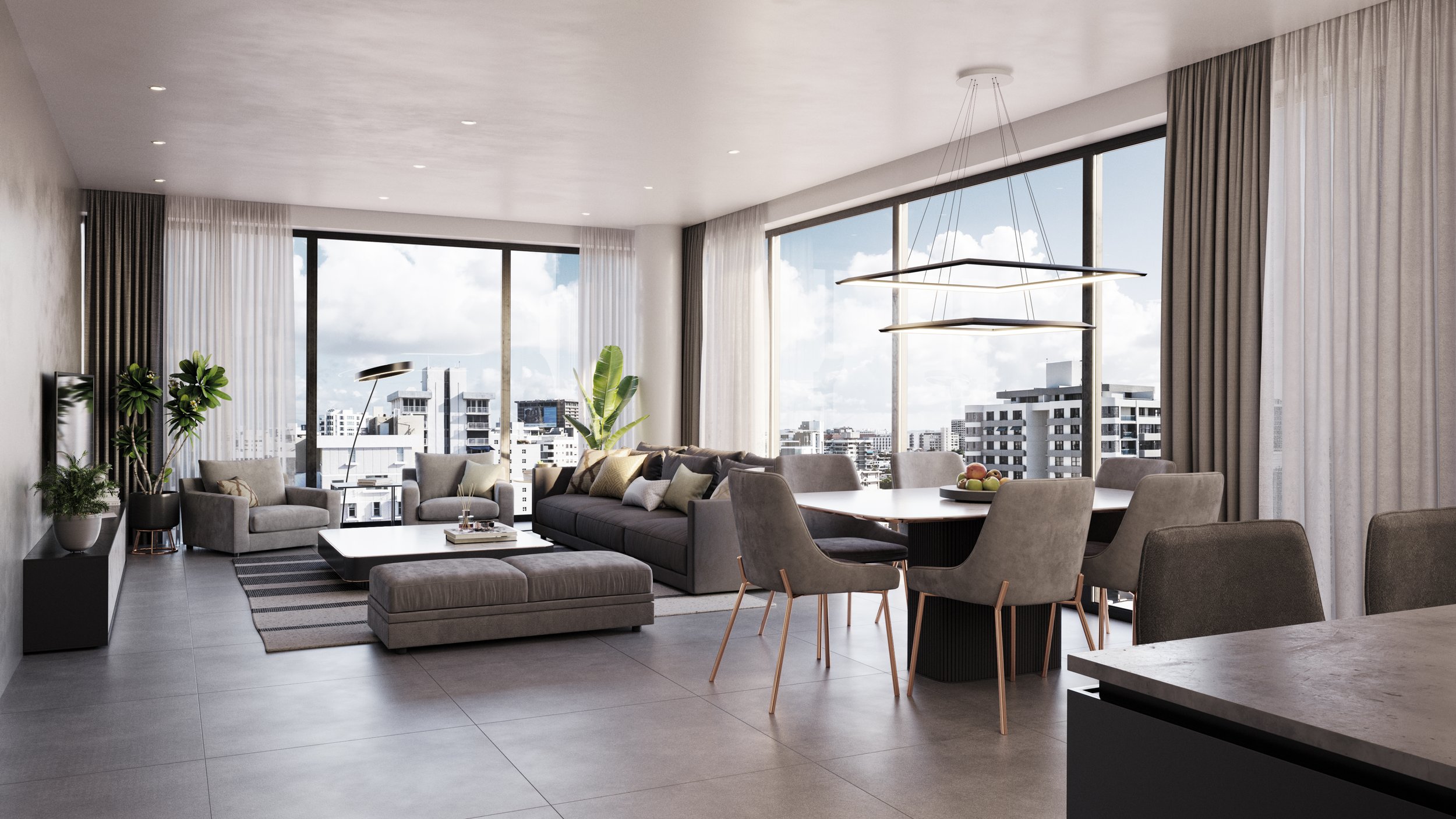 Modern living room with large windows, gray sofas, a white coffee table, potted plants, and a dining table with chairs, city skyline view